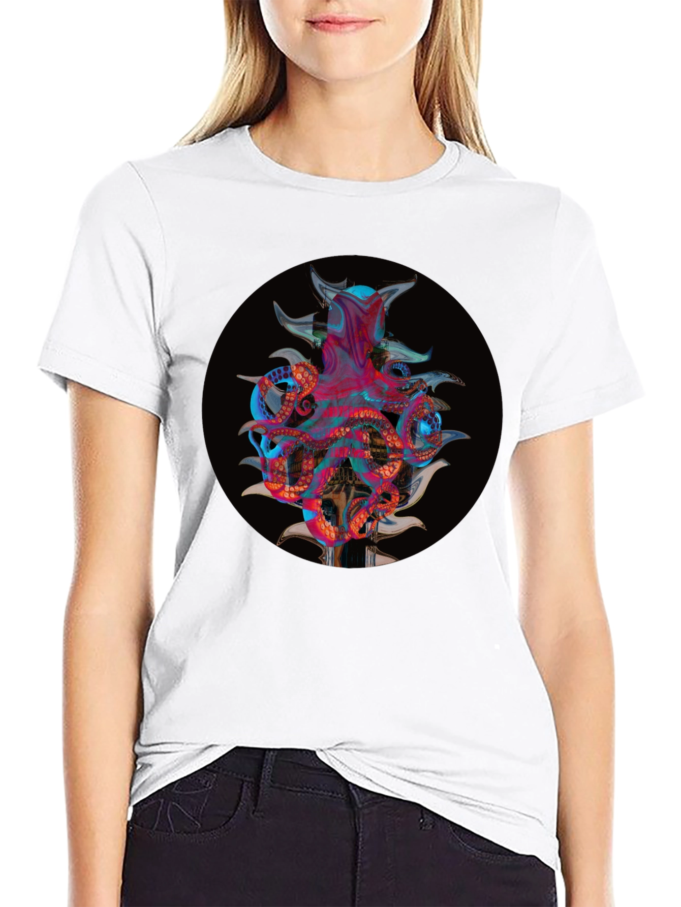Camiseta Negra con Diseño Abstracto de Pulpo