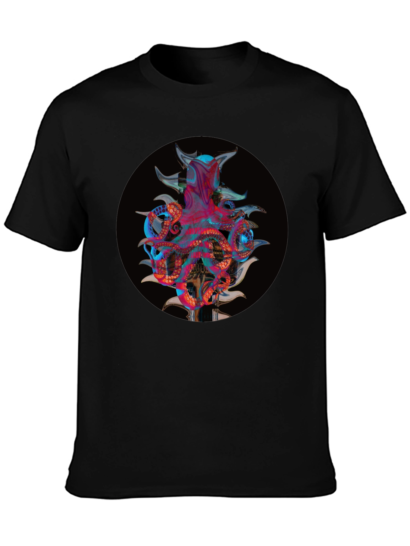 Camiseta Negra con Diseño Abstracto de Pulpo