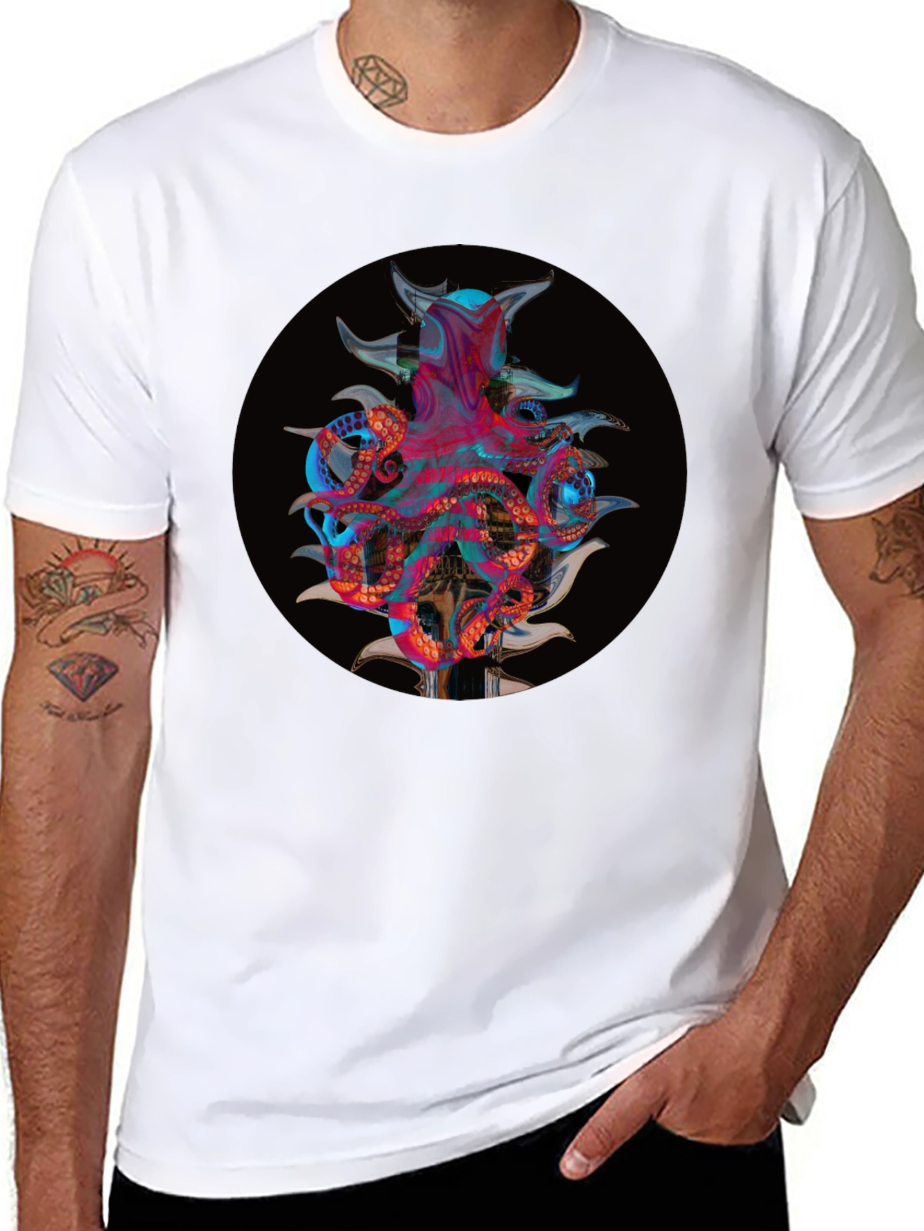 Camiseta Negra con Diseño Abstracto de Pulpo