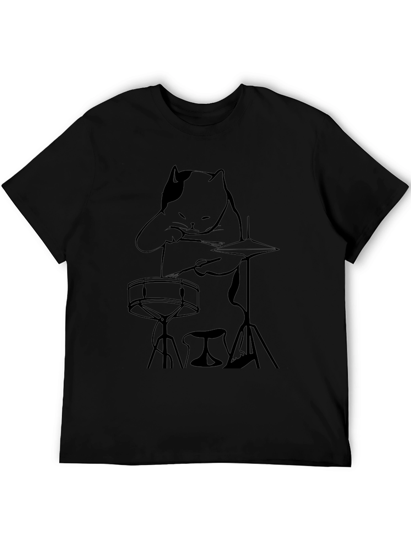 Camiseta Negra con Diseño de Gato Baterista