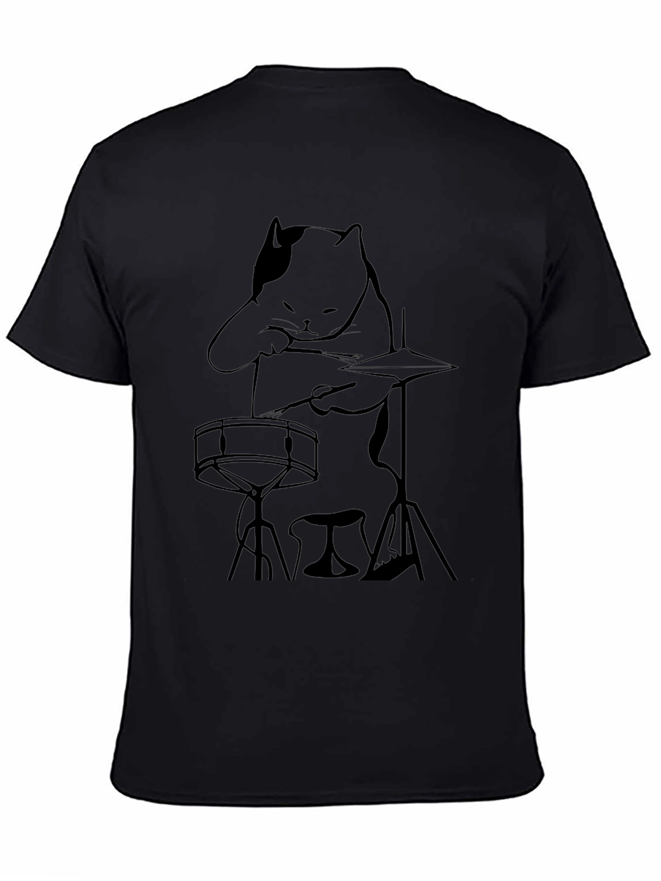 Camiseta Negra con Diseño de Gato Baterista