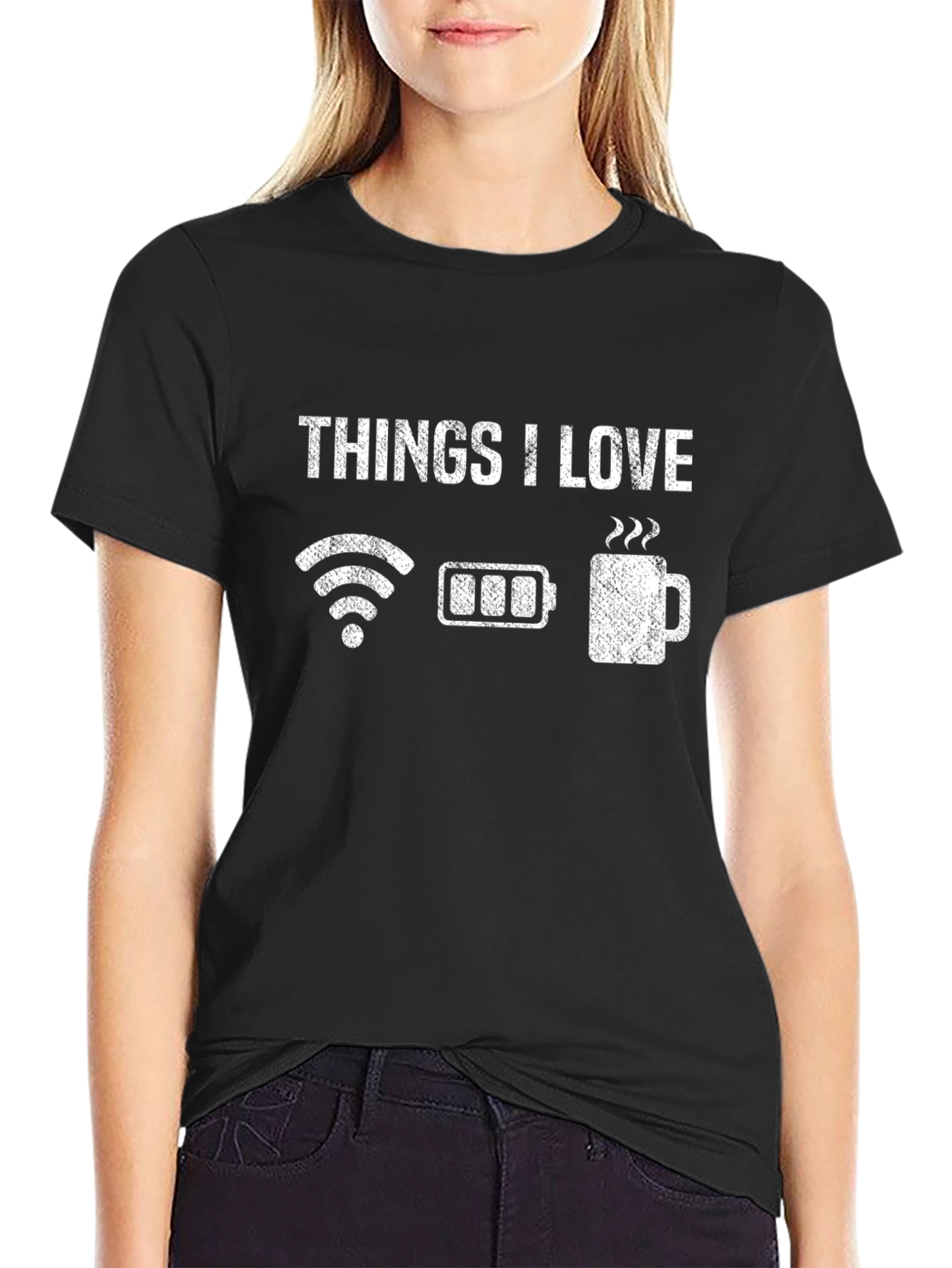 Camiseta Negra Cosas que Amo - WiFi Batería Café