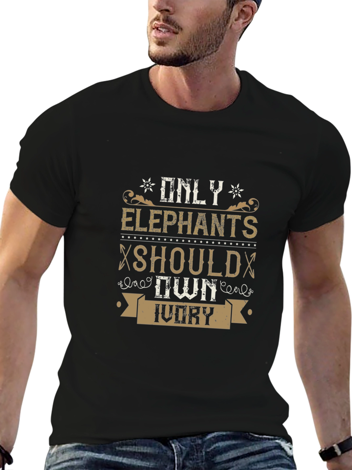 Camiseta Negra con Diseño Elefantes y Marfil