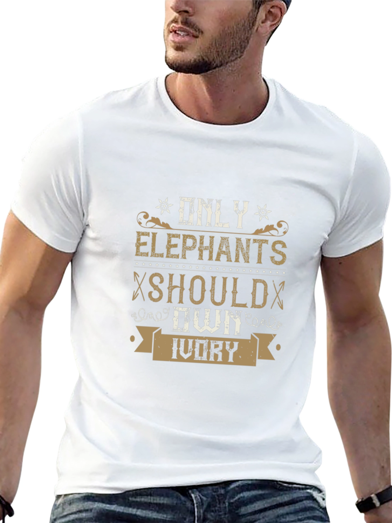 Camiseta Negra con Diseño Elefantes y Marfil