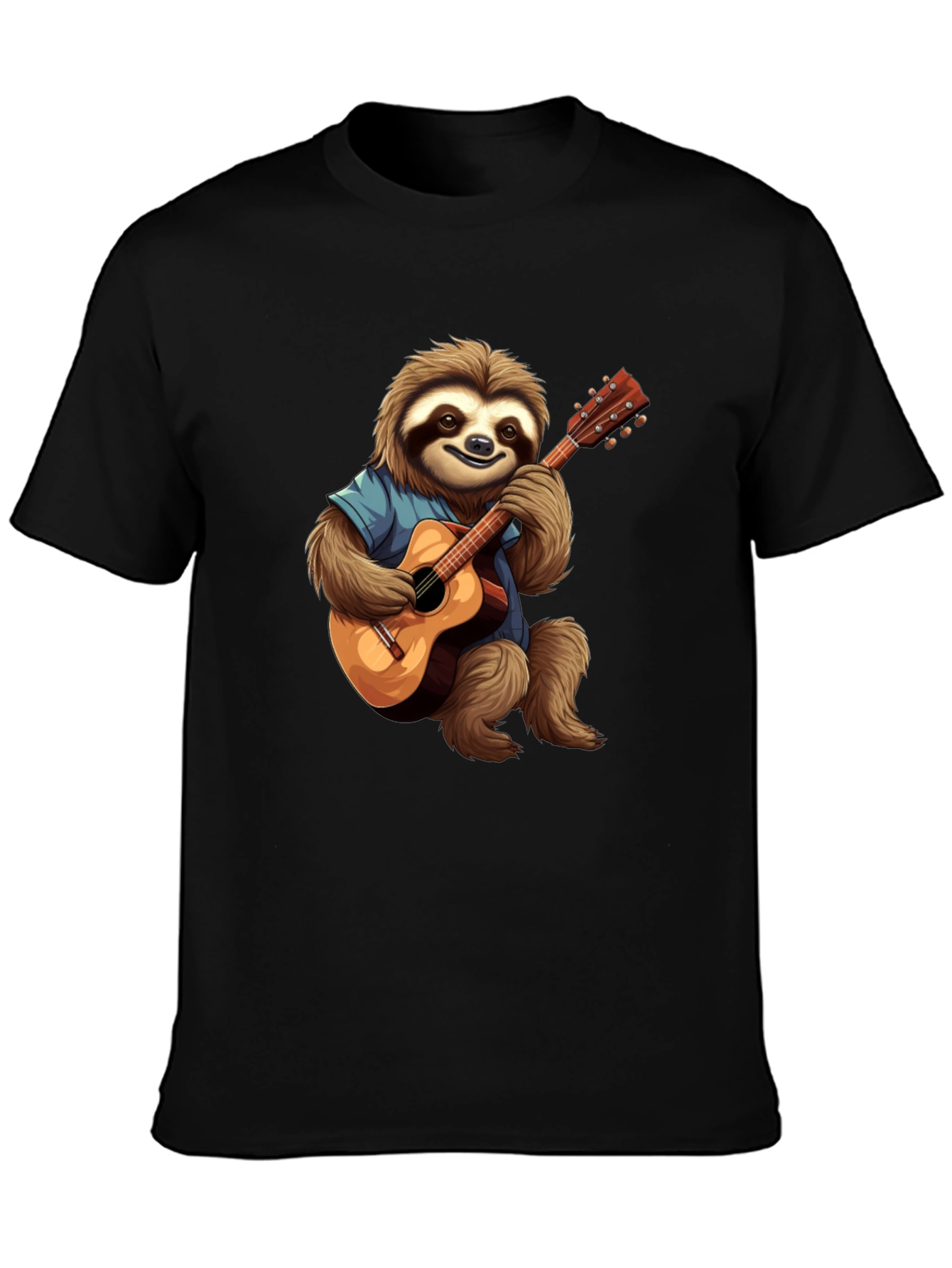 Camiseta Negra con Diseño de Perezoso Guitarrista