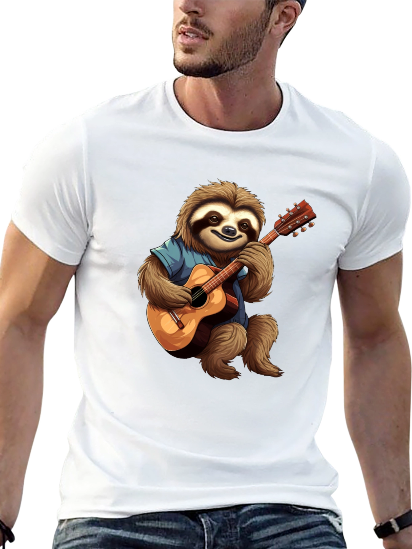 Camiseta Negra con Diseño de Perezoso Guitarrista