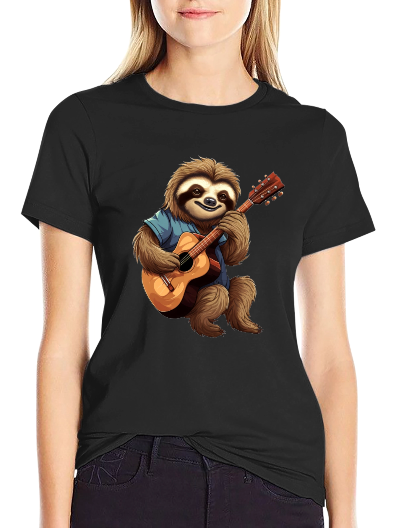 Camiseta Negra con Diseño de Perezoso Guitarrista