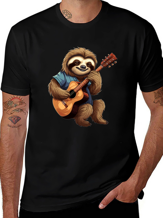 Camiseta Negra con Diseño de Perezoso Guitarrista