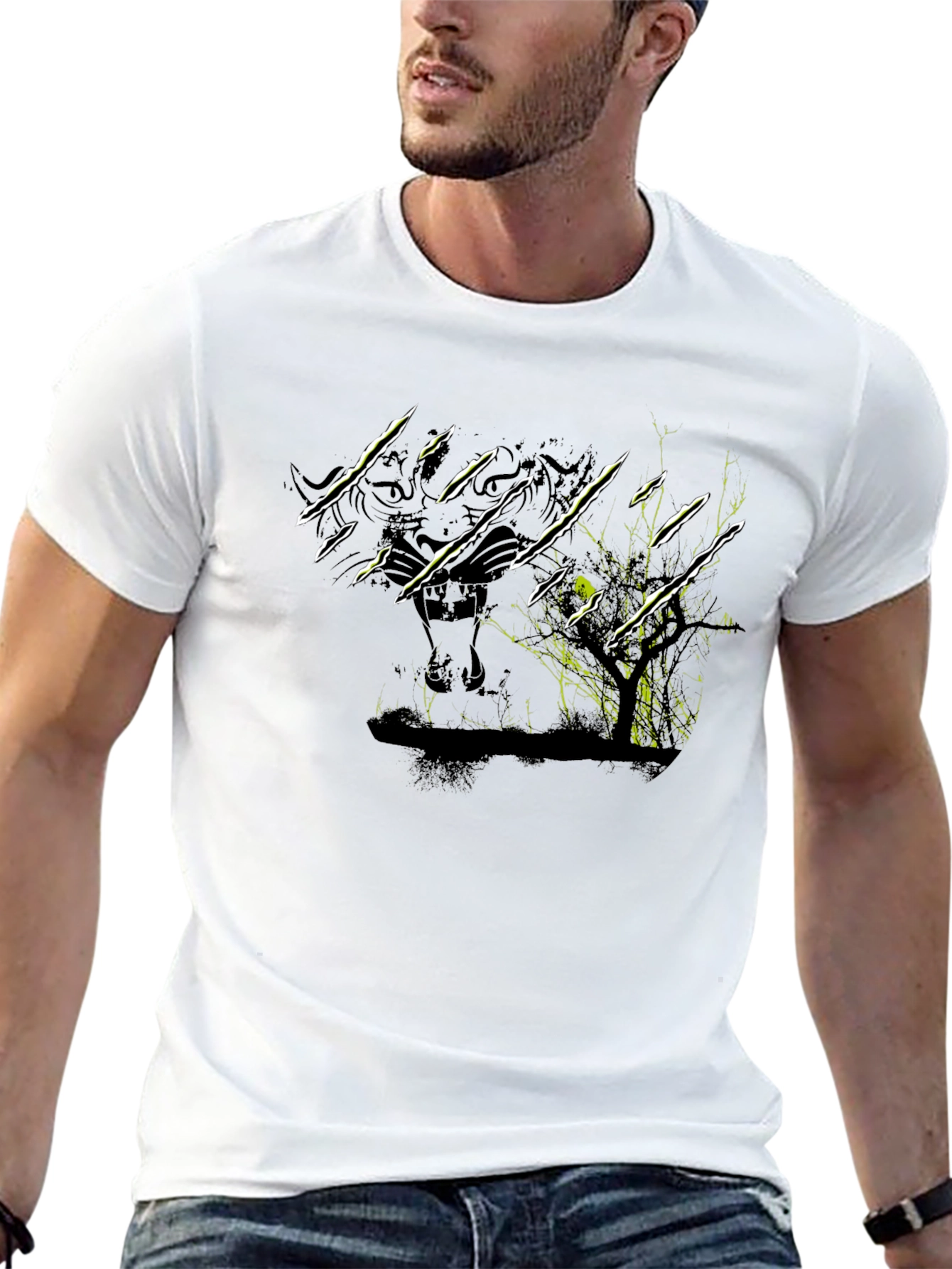 Camiseta Negra con Diseño de Tigre y Árbol