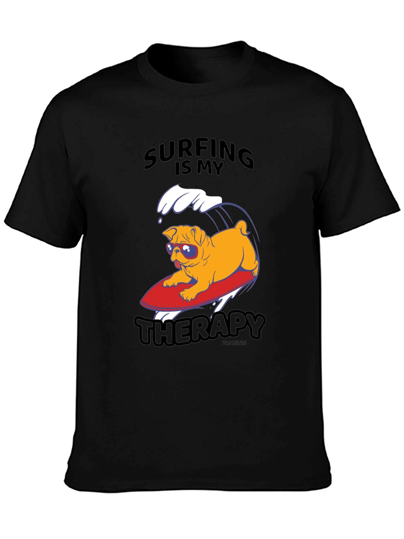 Camiseta Negra con Pug Surfeando: Terapia en Olas