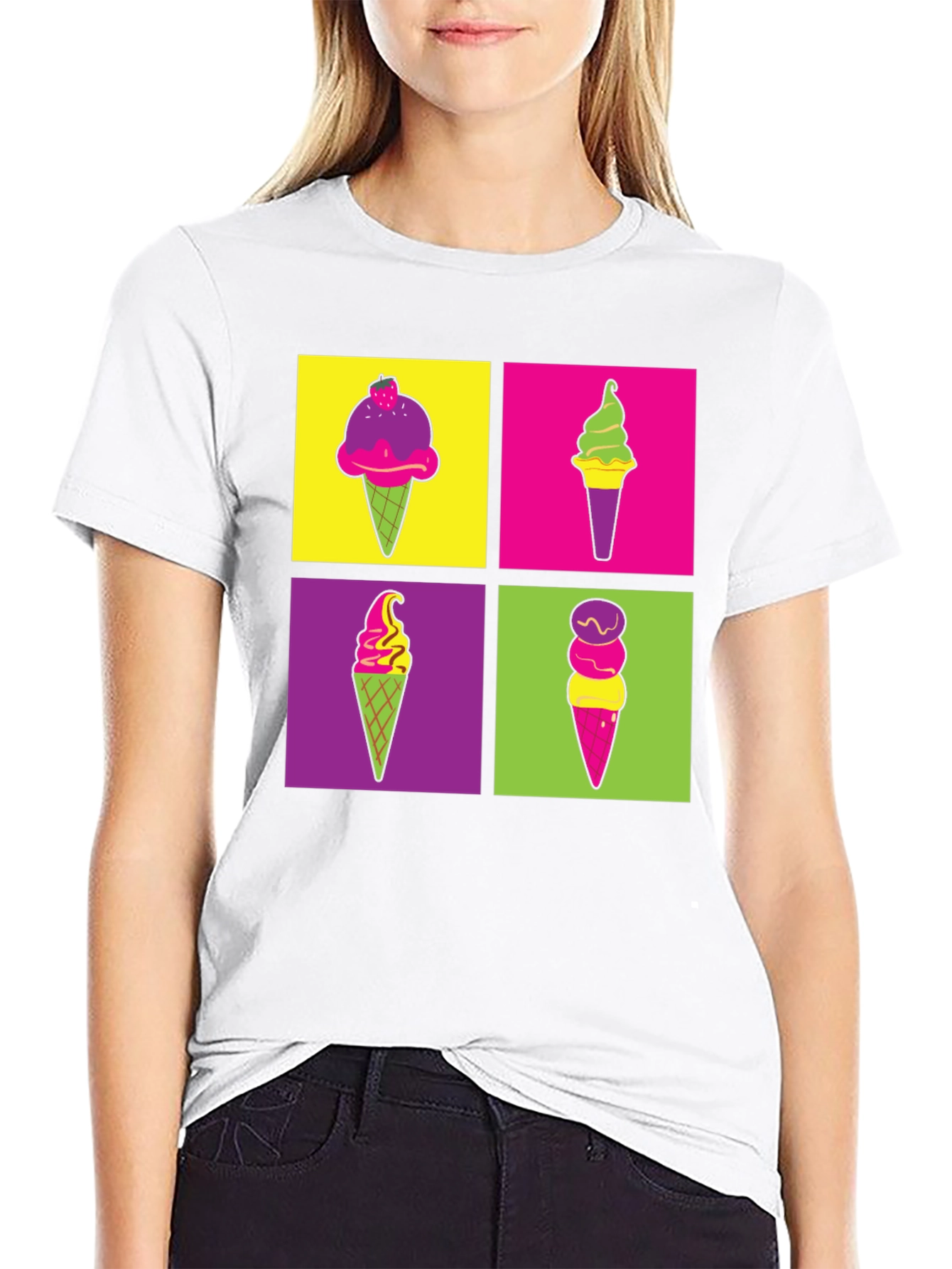 Camiseta Negra con Diseño Pop Art de Helados
