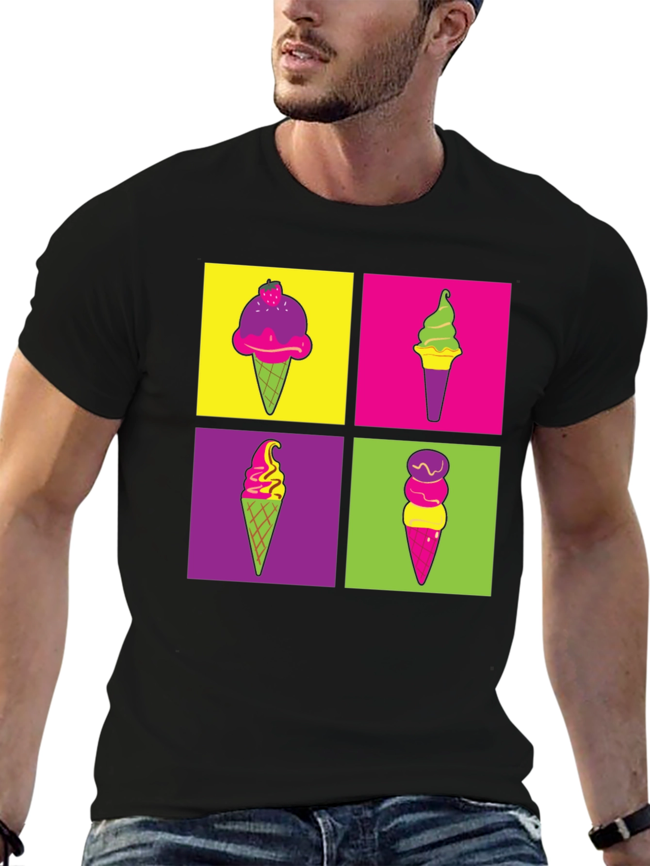 Camiseta Negra con Diseño Pop Art de Helados