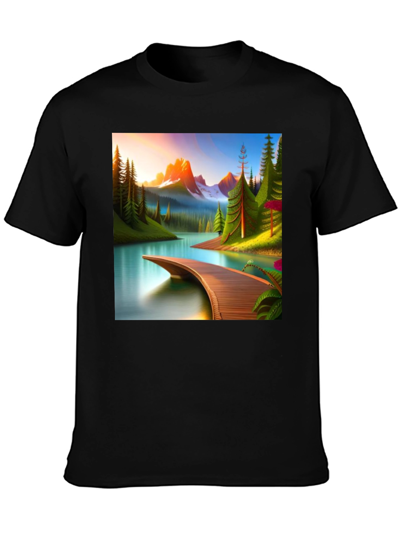 Camiseta Negra con Diseño de Paisaje Montañoso