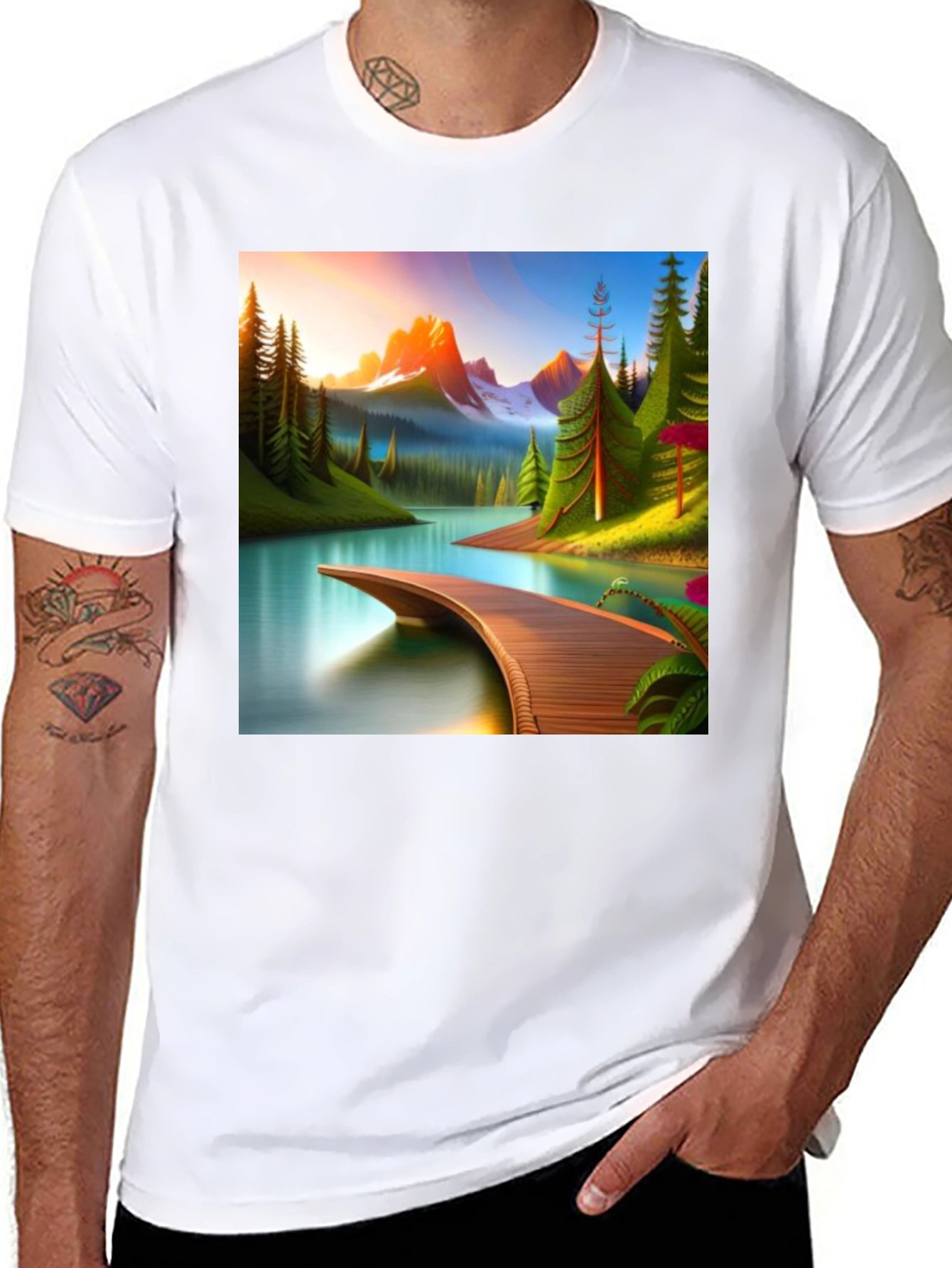 Camiseta Negra con Diseño de Paisaje Montañoso