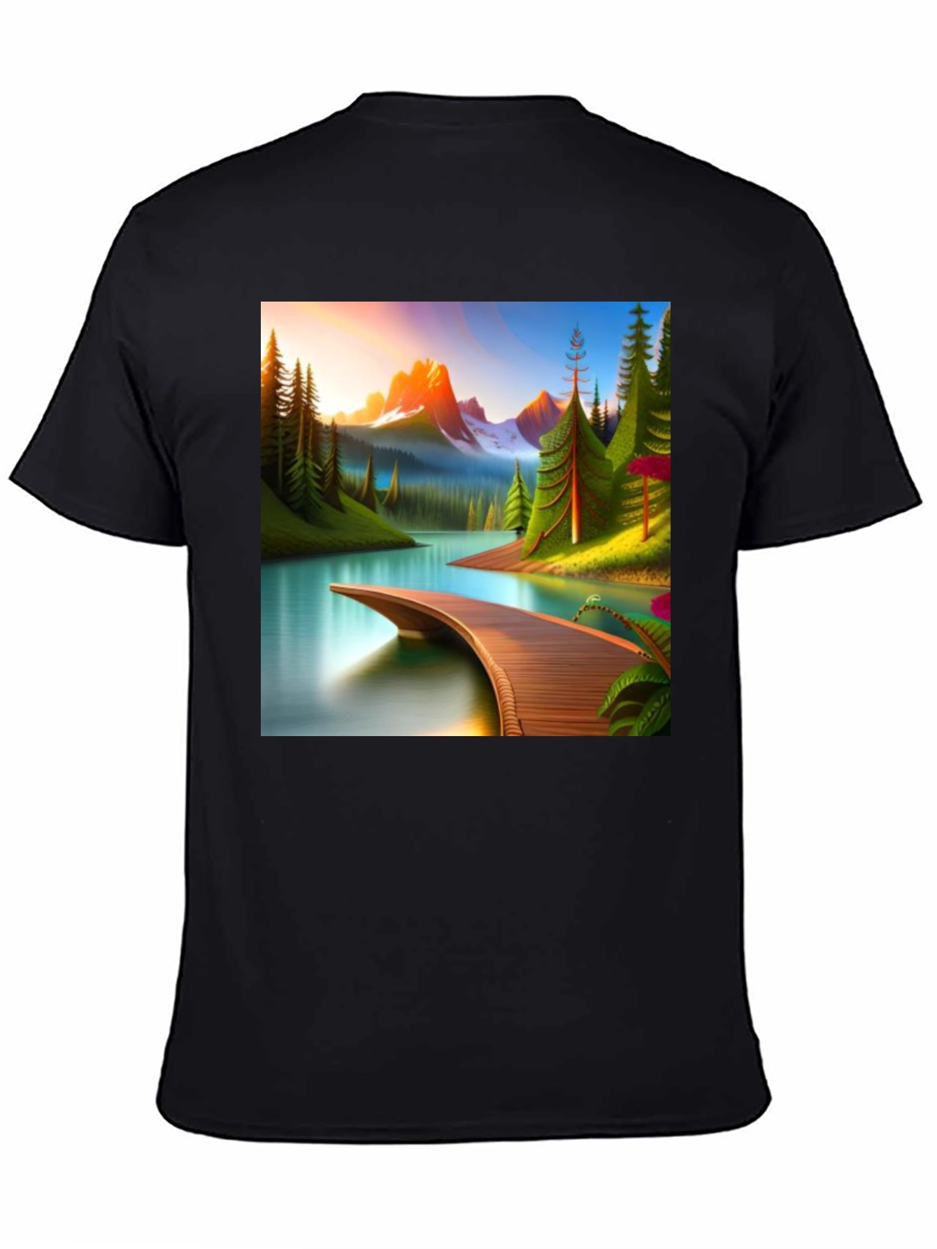 Camiseta Negra con Diseño de Paisaje Montañoso