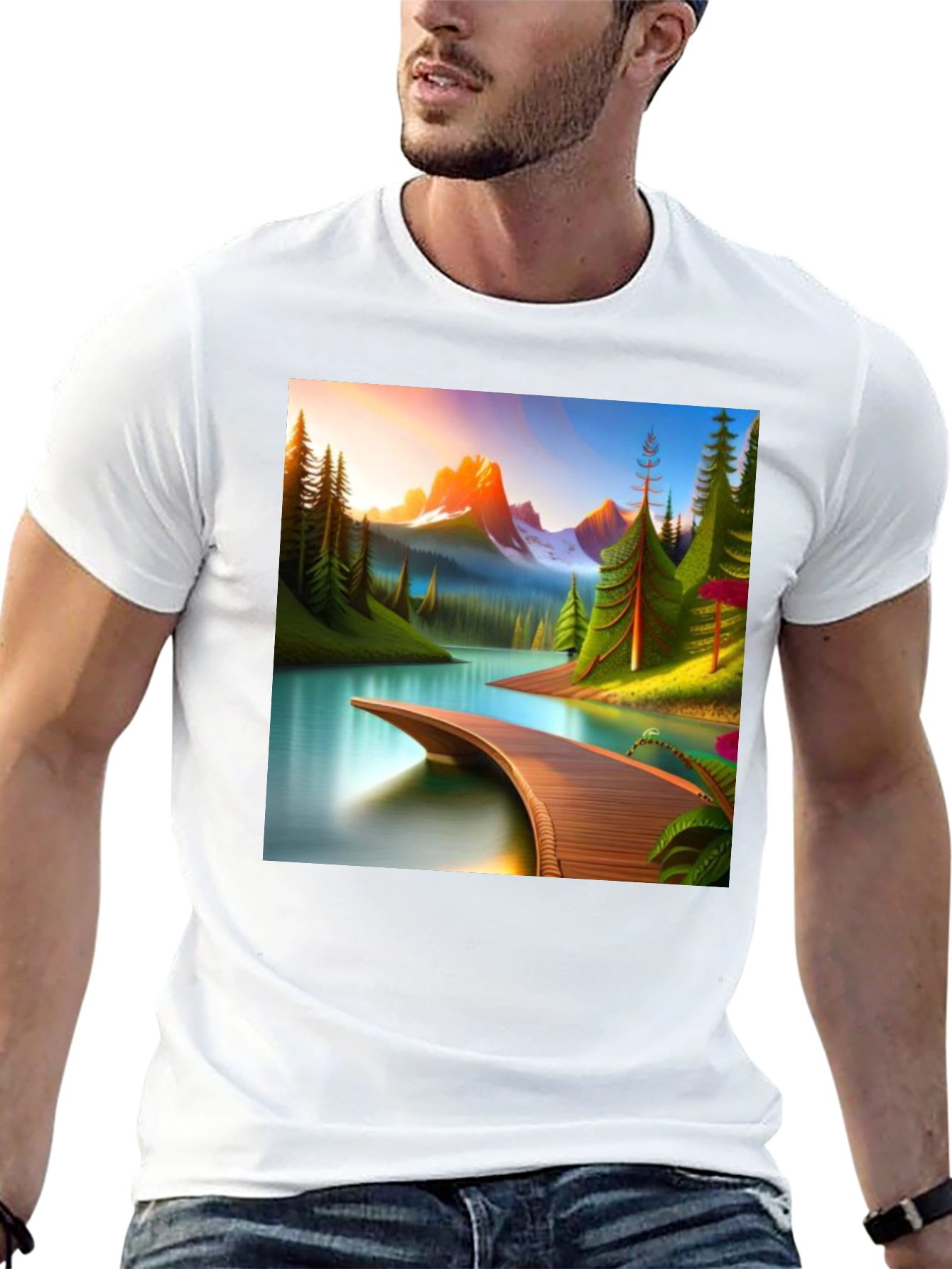 Camiseta Negra con Diseño de Paisaje Montañoso