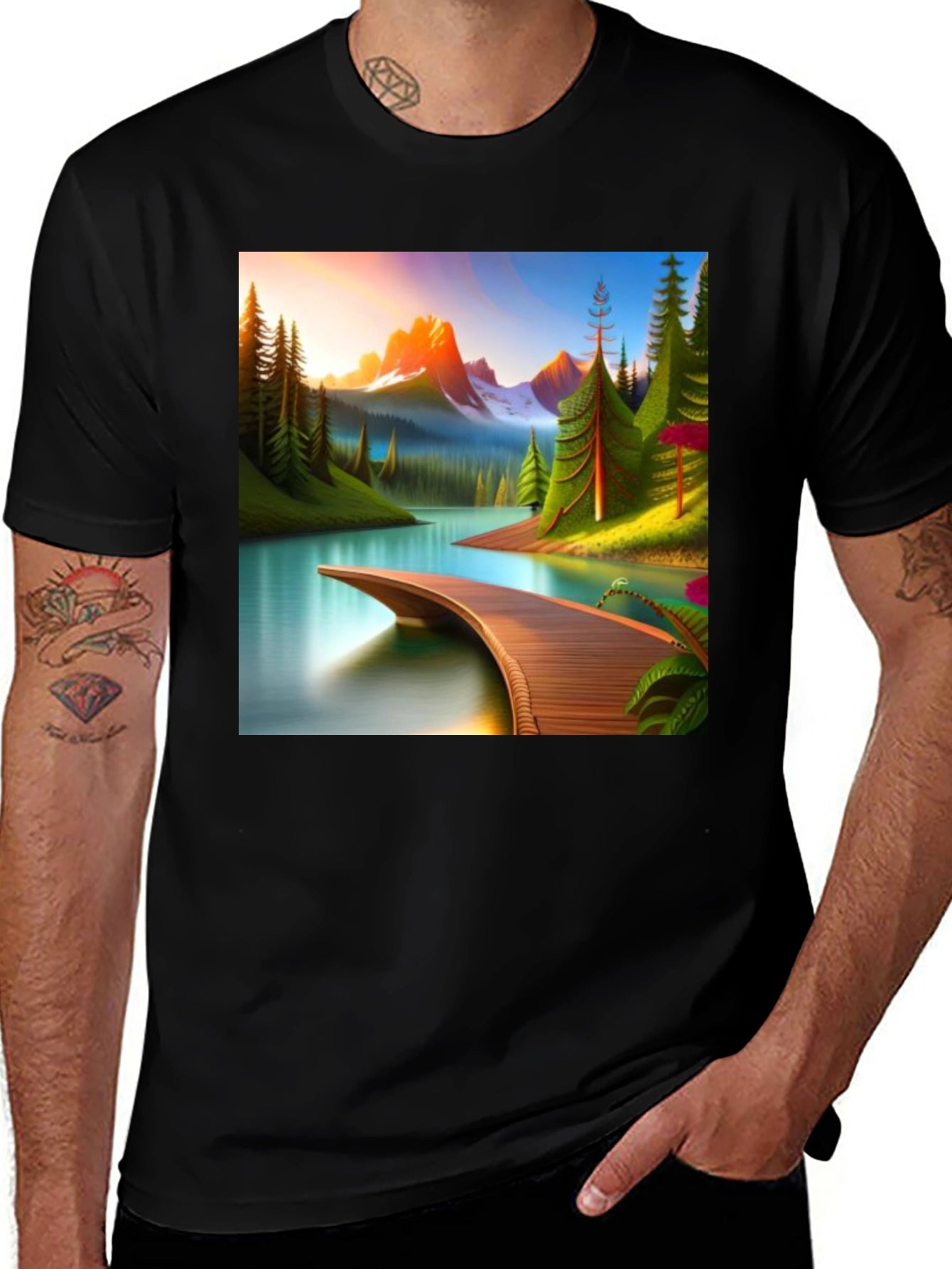 Camiseta Negra con Diseño de Paisaje Montañoso