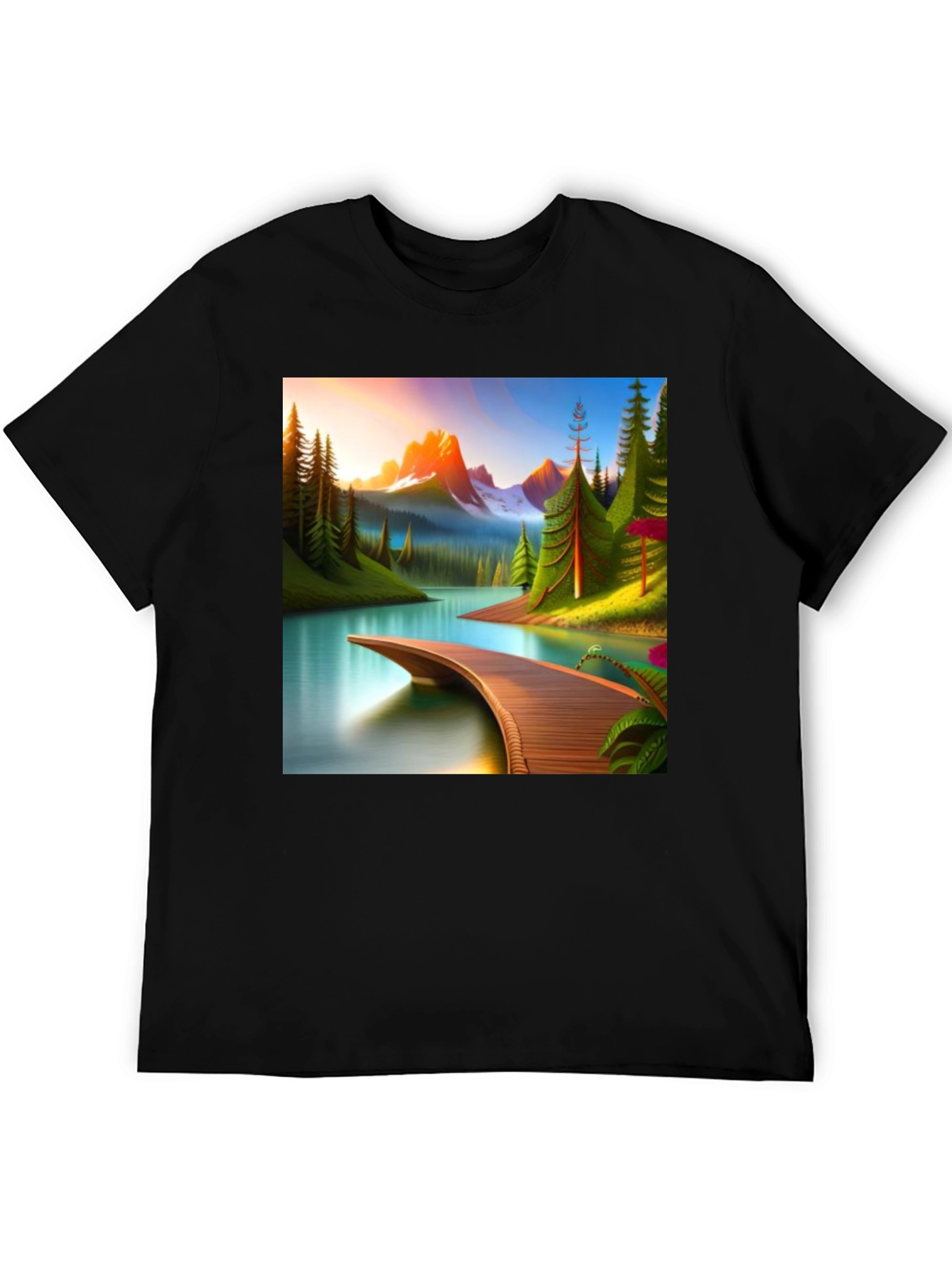 Camiseta Negra con Diseño de Paisaje Montañoso