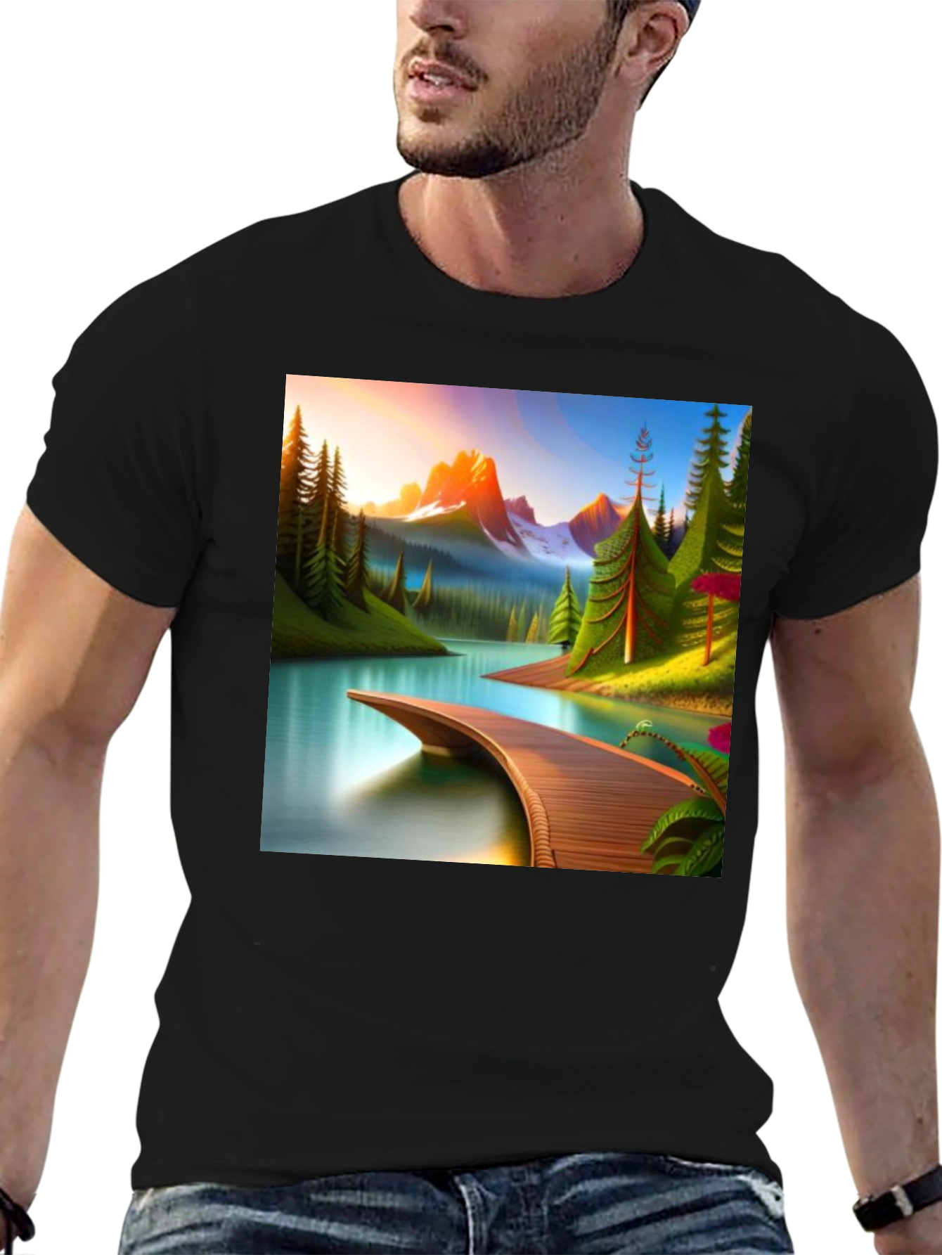 Camiseta Negra con Diseño de Paisaje Montañoso