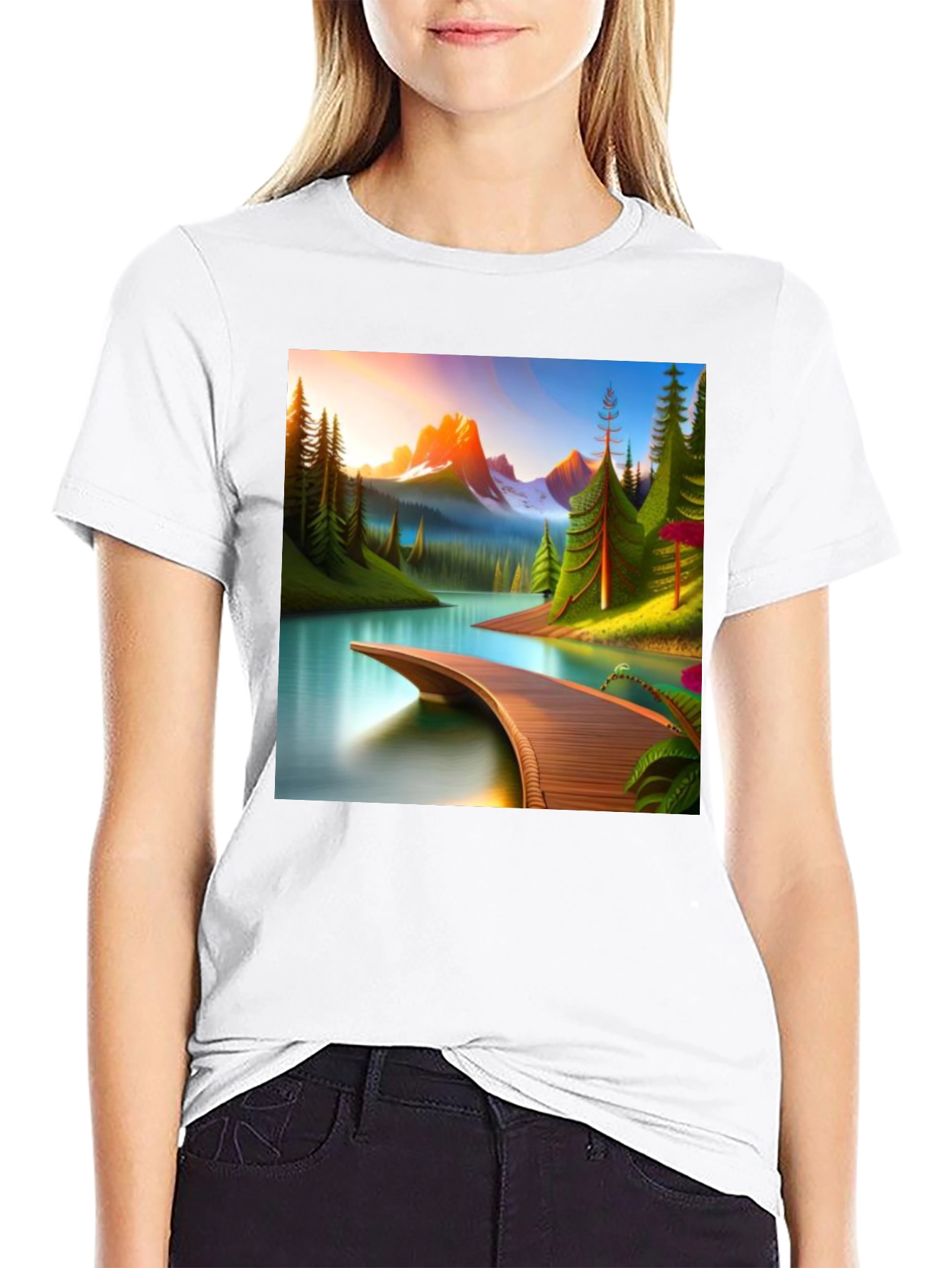 Camiseta Negra con Diseño de Paisaje Montañoso