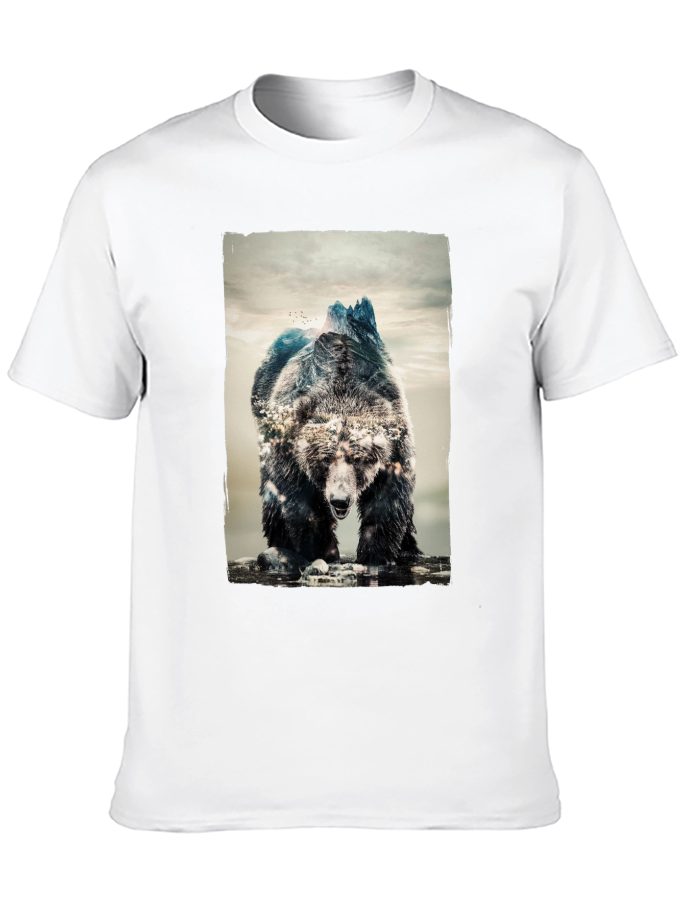 Camiseta Negra con Diseño de Oso y Montañas