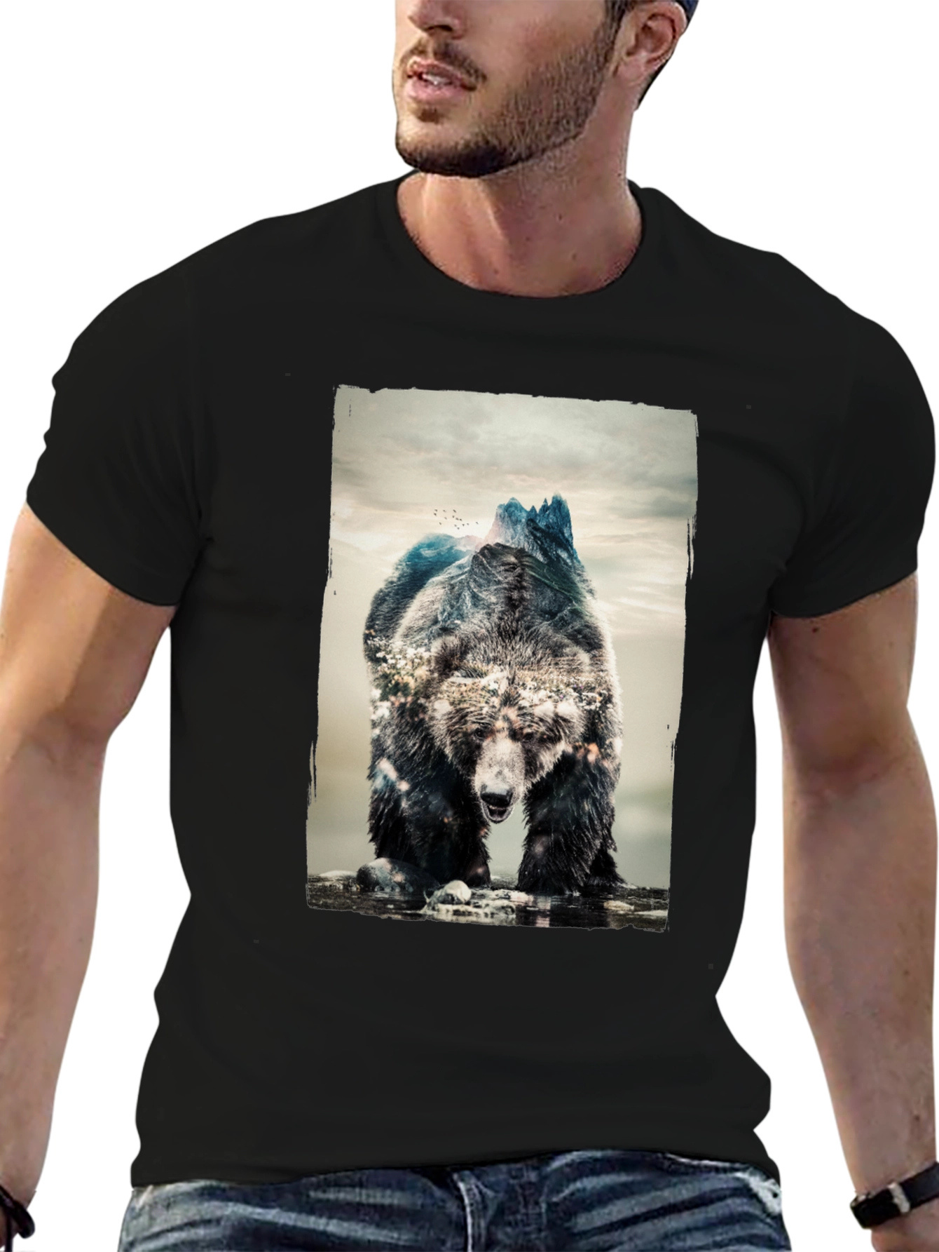 Camiseta Negra con Diseño de Oso y Montañas