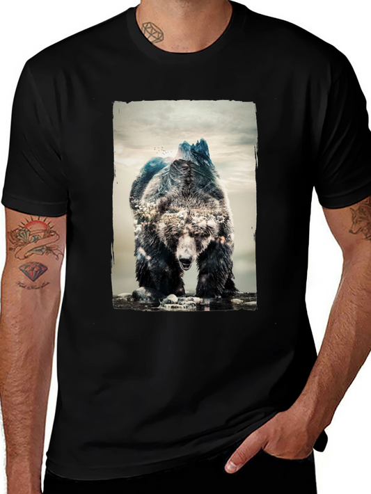 Camiseta Negra con Diseño de Oso y Montañas