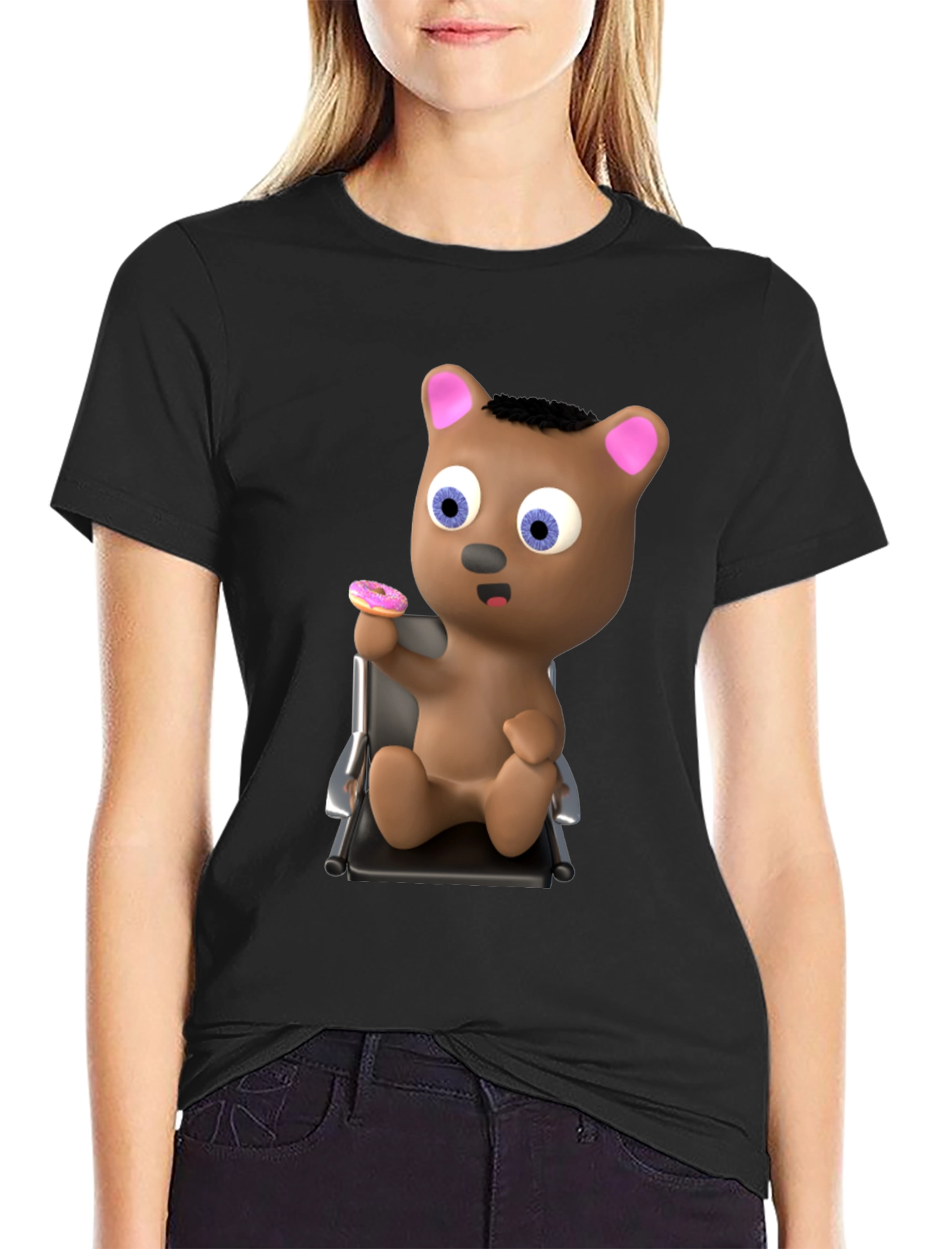 Camiseta Negra con Diseño de Oso y Donut