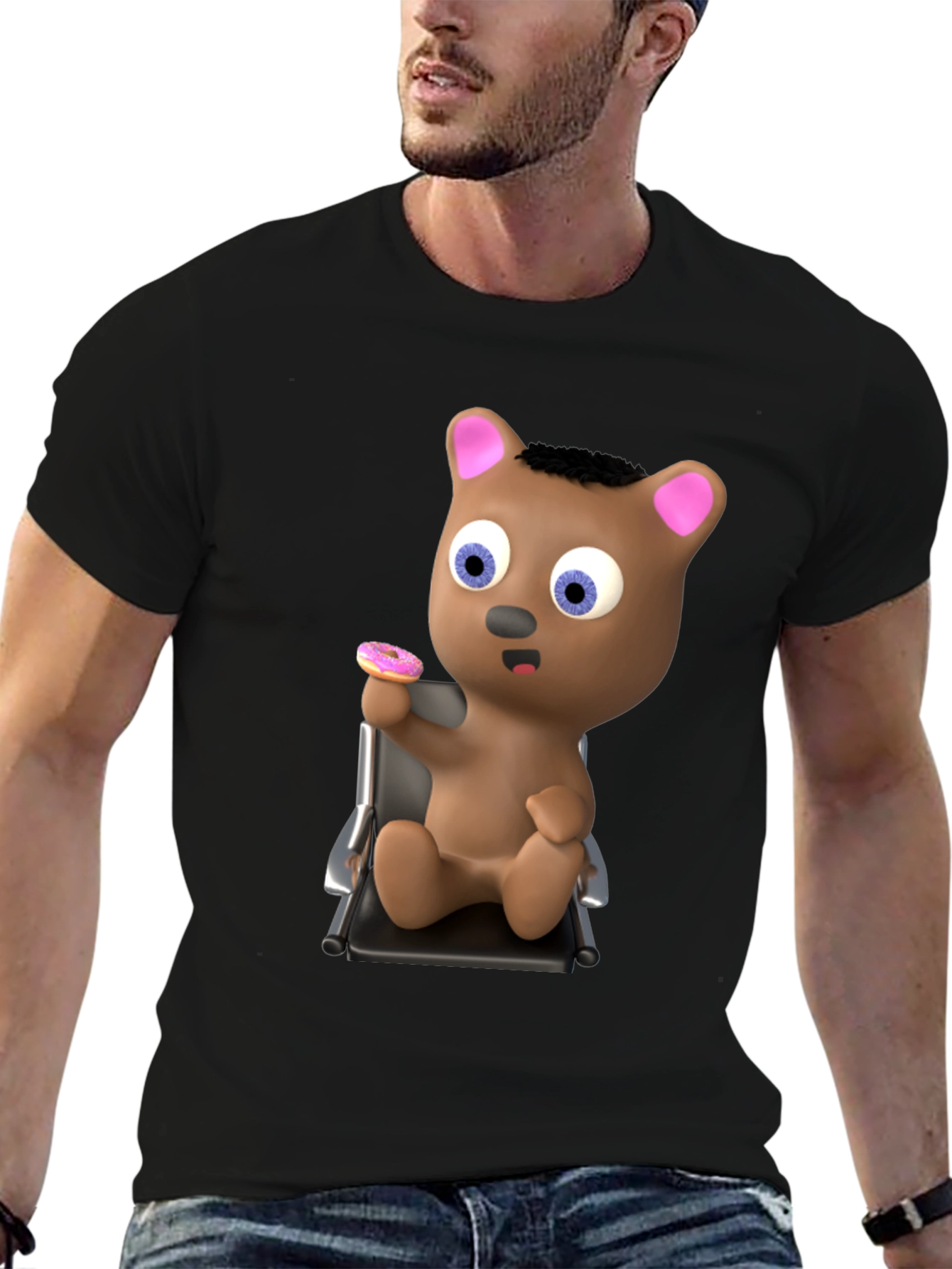 Camiseta Negra con Diseño de Oso y Donut