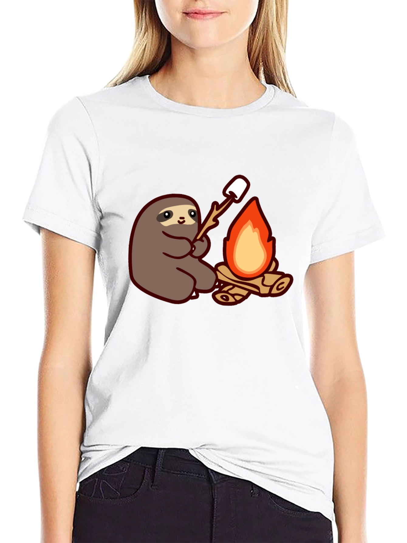 Camiseta Negra con Diseño de Perezoso Asando Malvaviscos