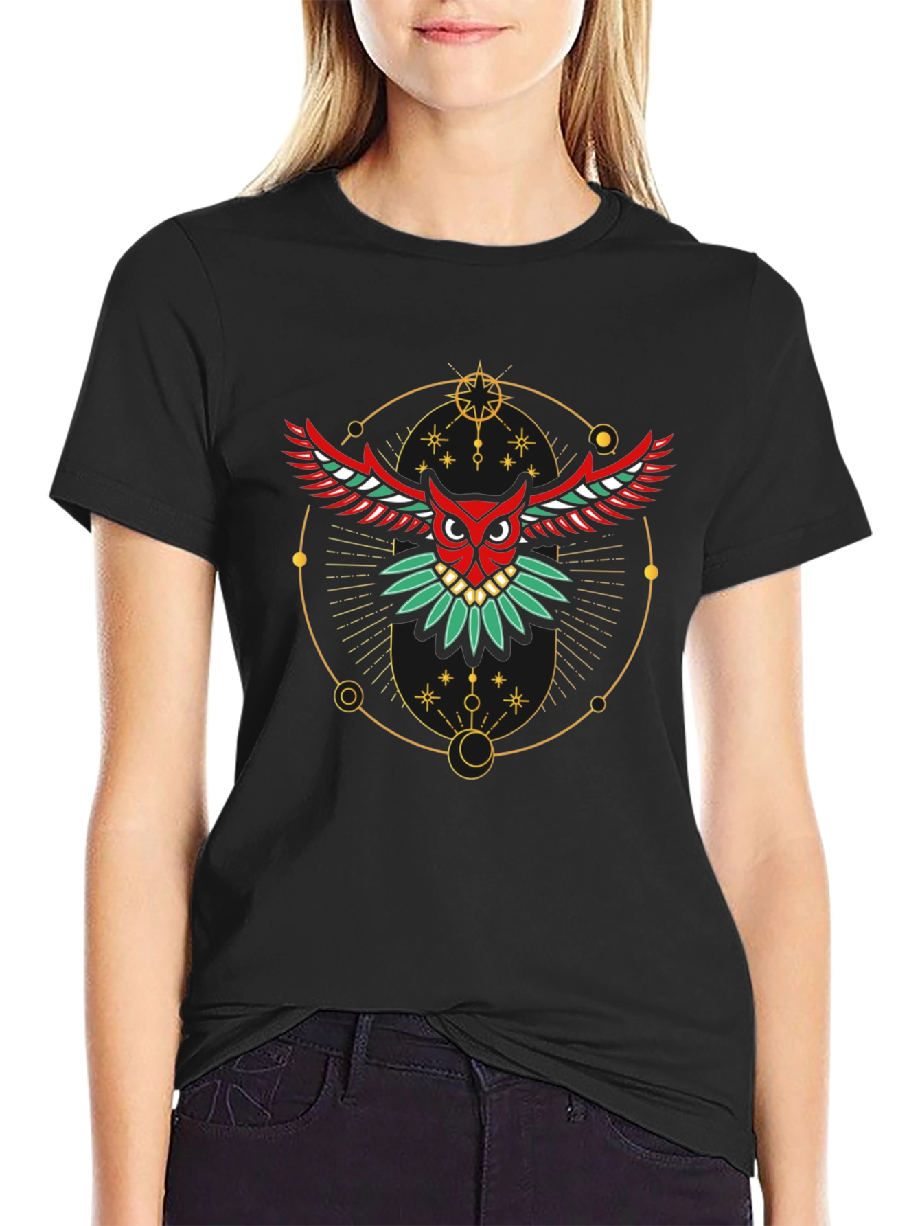 Camiseta Negra con Búho Geométrico