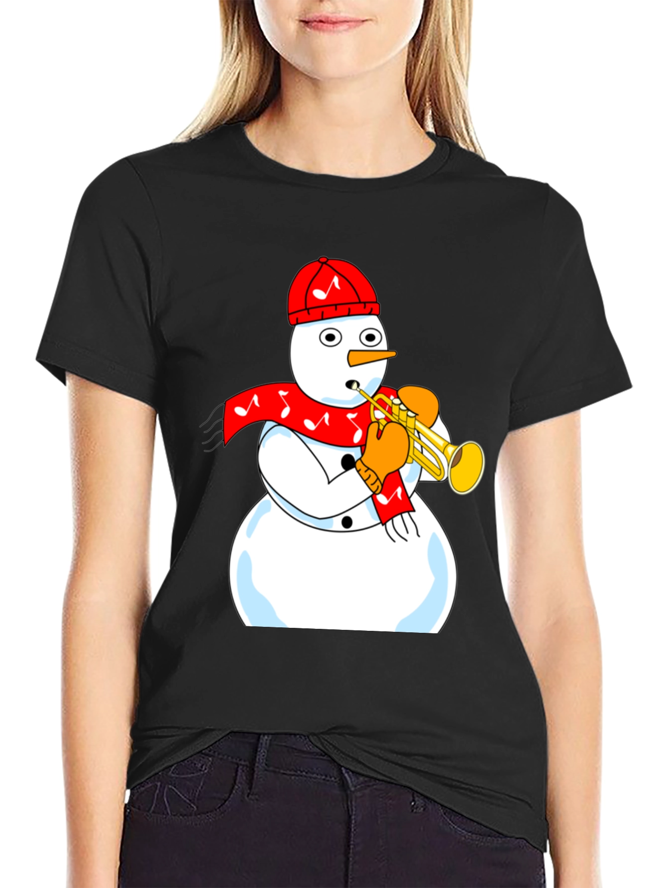 Camiseta Negra con Diseño de Muñeco de Nieve Trompetista