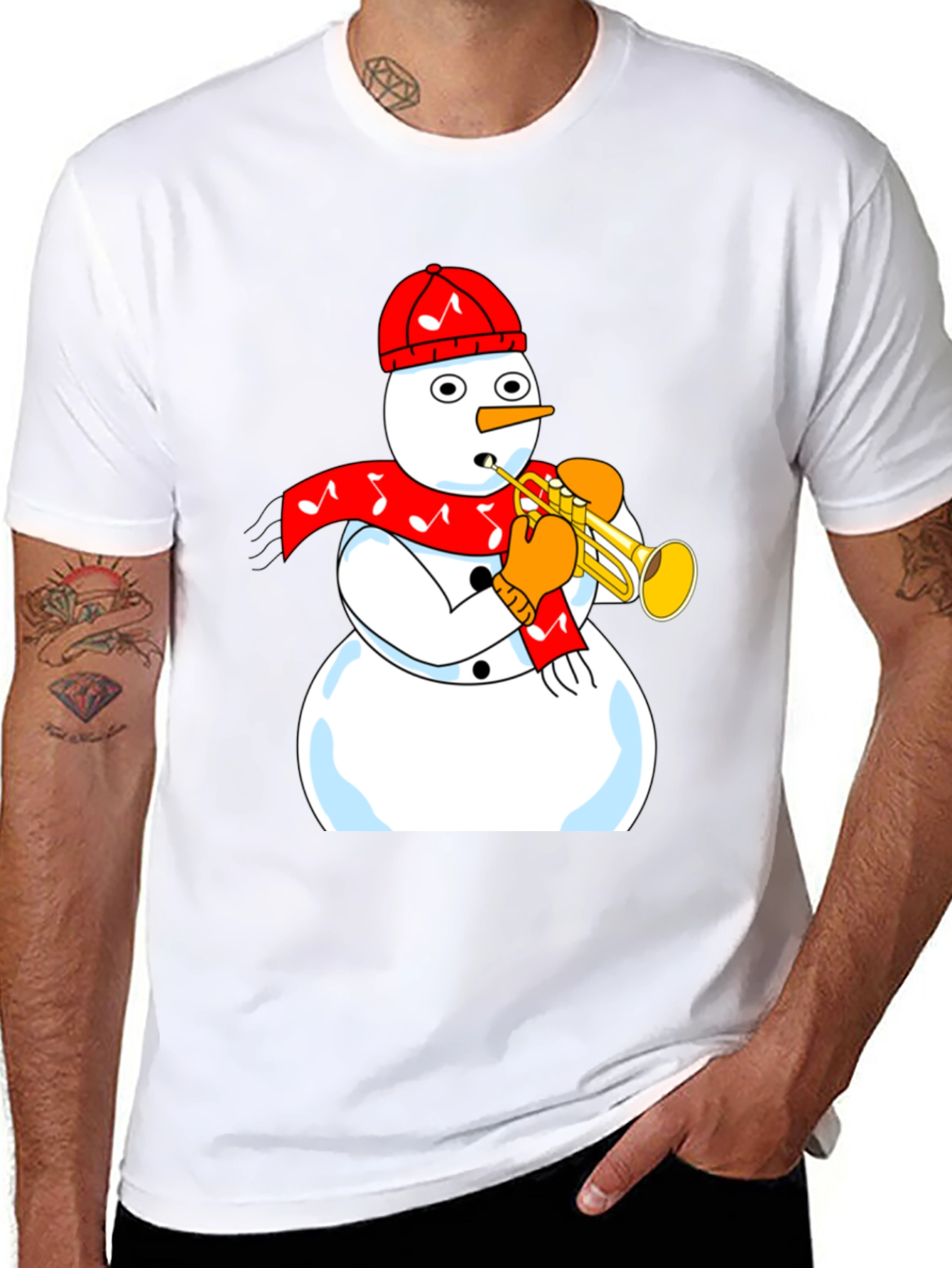 Camiseta Negra con Diseño de Muñeco de Nieve Trompetista