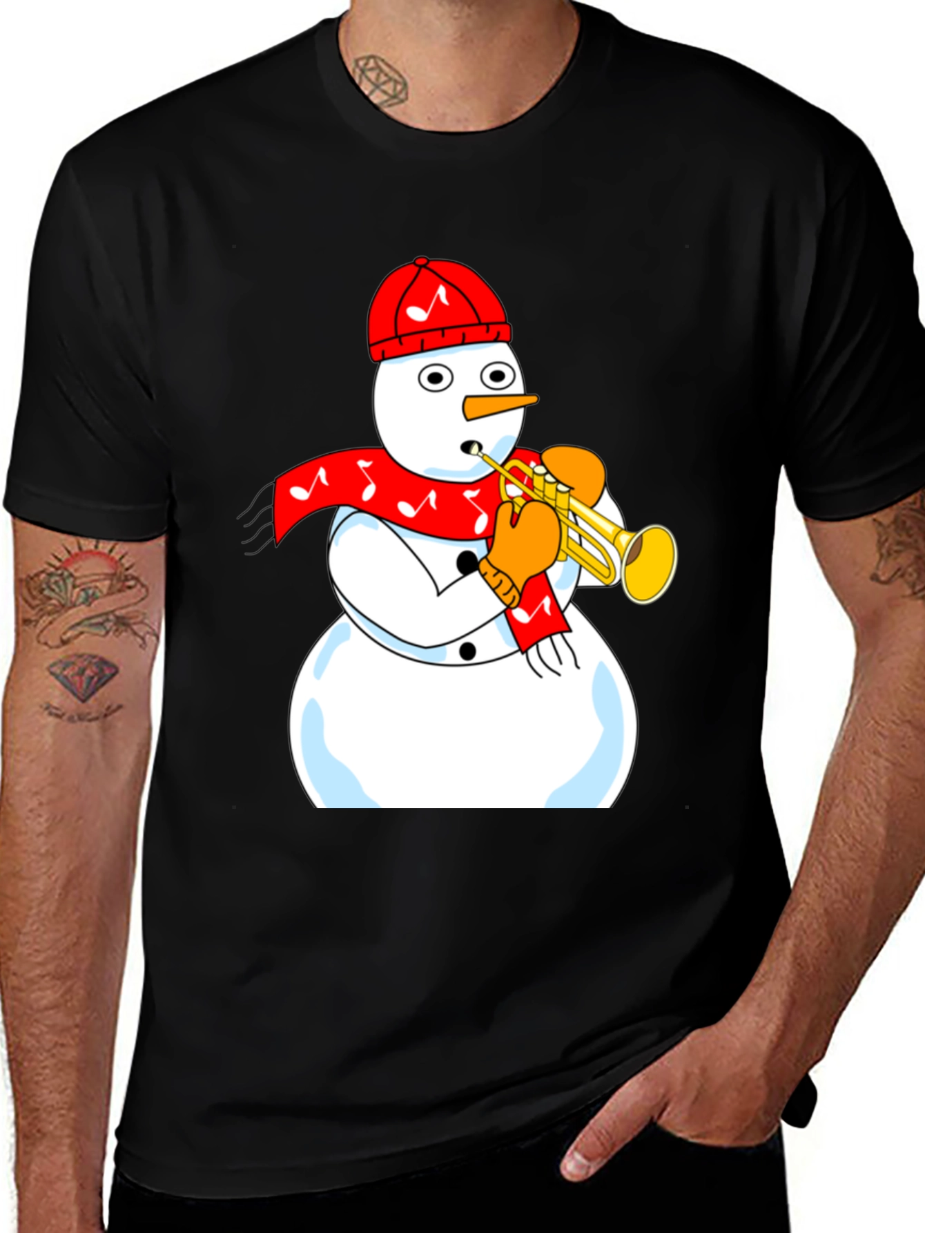 Camiseta Negra con Diseño de Muñeco de Nieve Trompetista