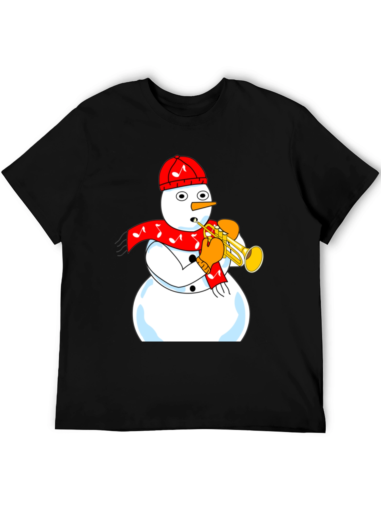 Camiseta Negra con Diseño de Muñeco de Nieve Trompetista