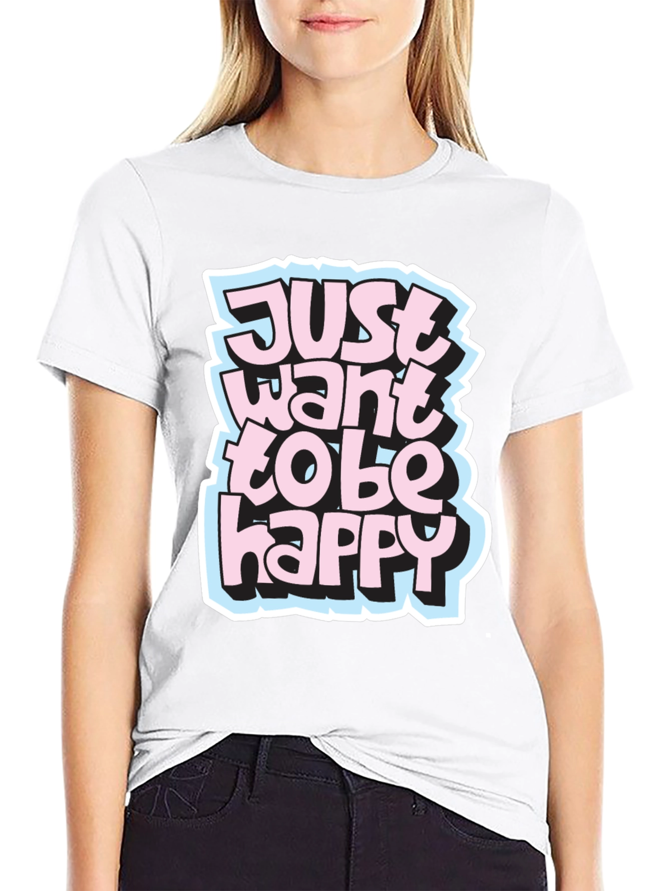 Camiseta Negra con Diseño Just Want to Be Happy