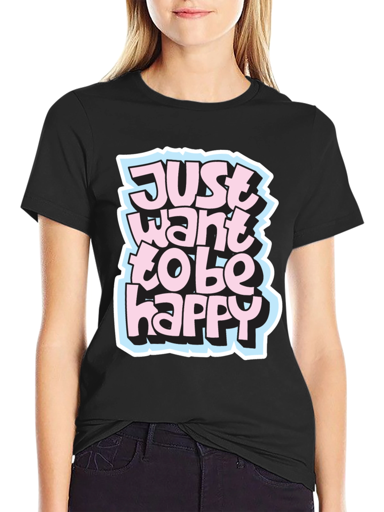 Camiseta Negra con Diseño Just Want to Be Happy