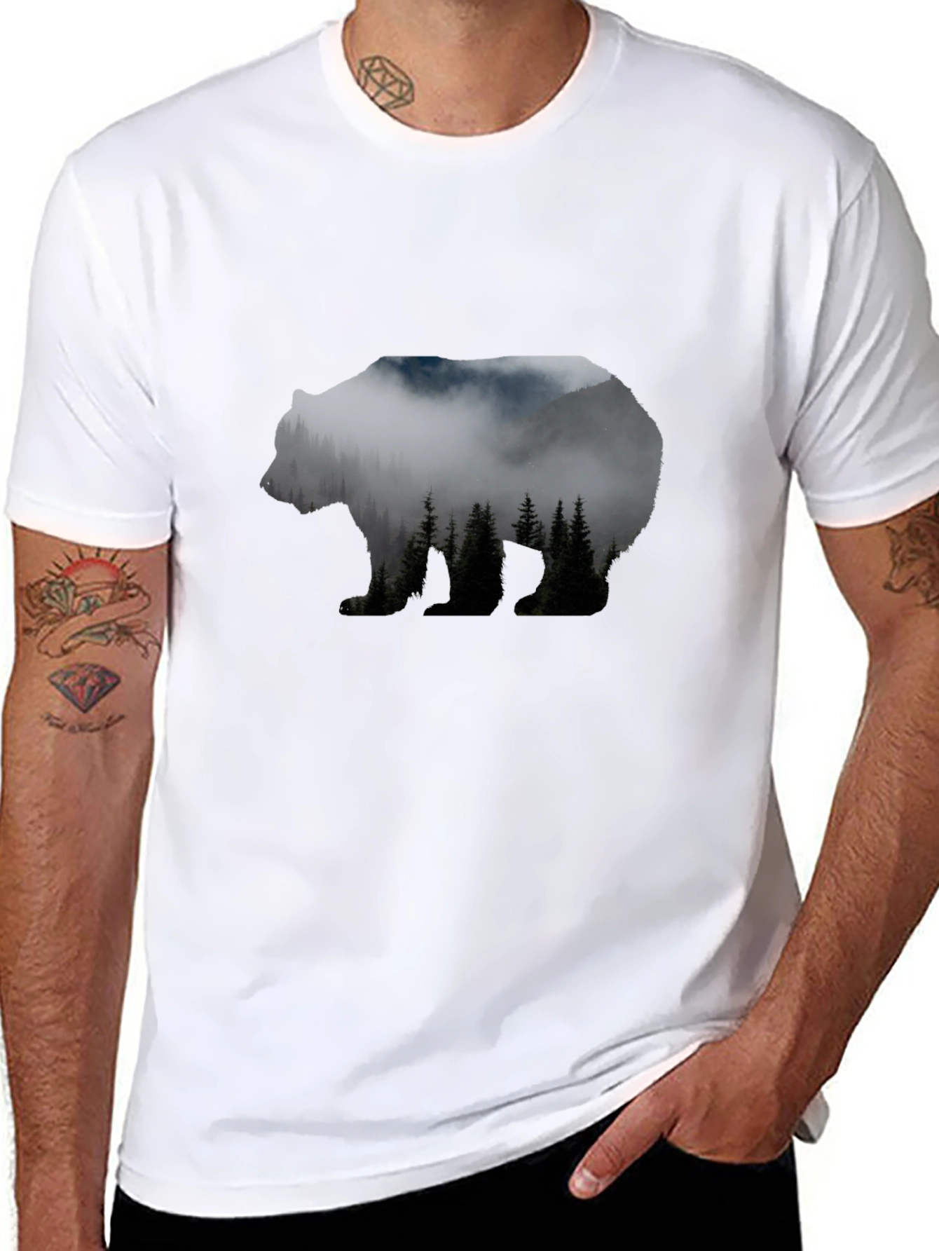 Camiseta Negra Hombre con Diseño de Oso Montaña