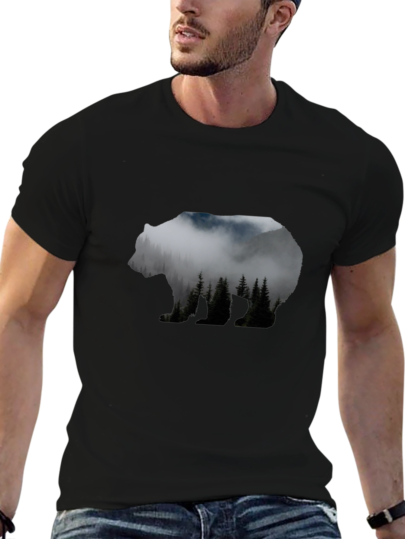 Camiseta Negra Hombre con Diseño de Oso Montaña