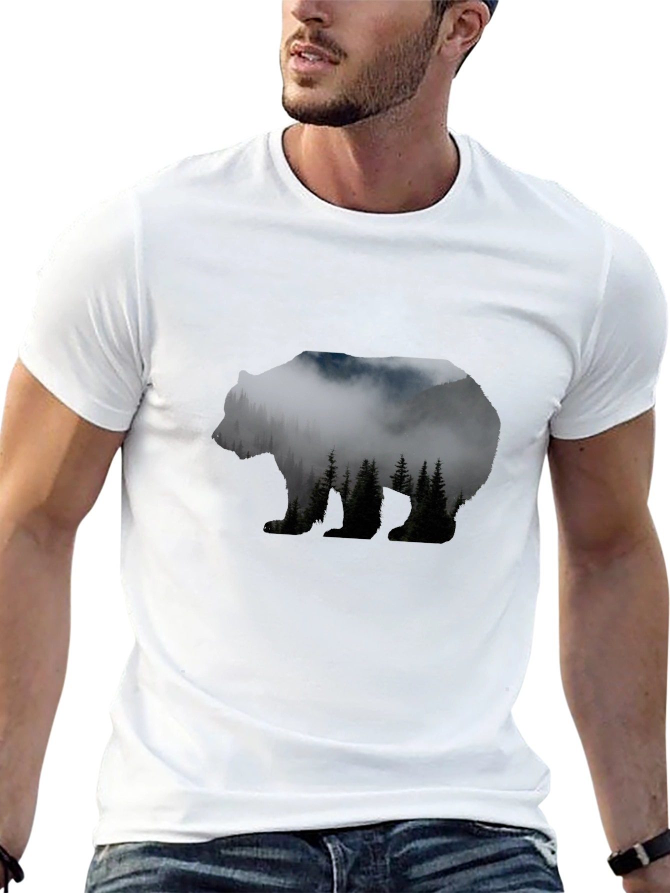 Camiseta Negra Hombre con Diseño de Oso Montaña