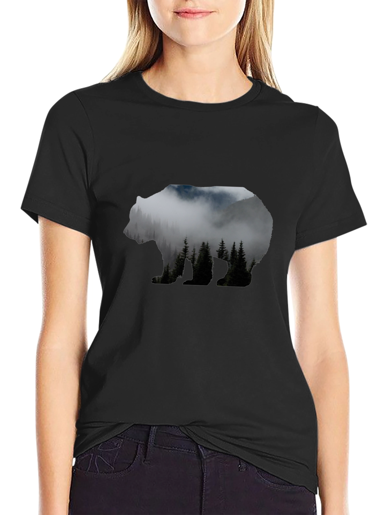 Camiseta Negra Hombre con Diseño de Oso Montaña