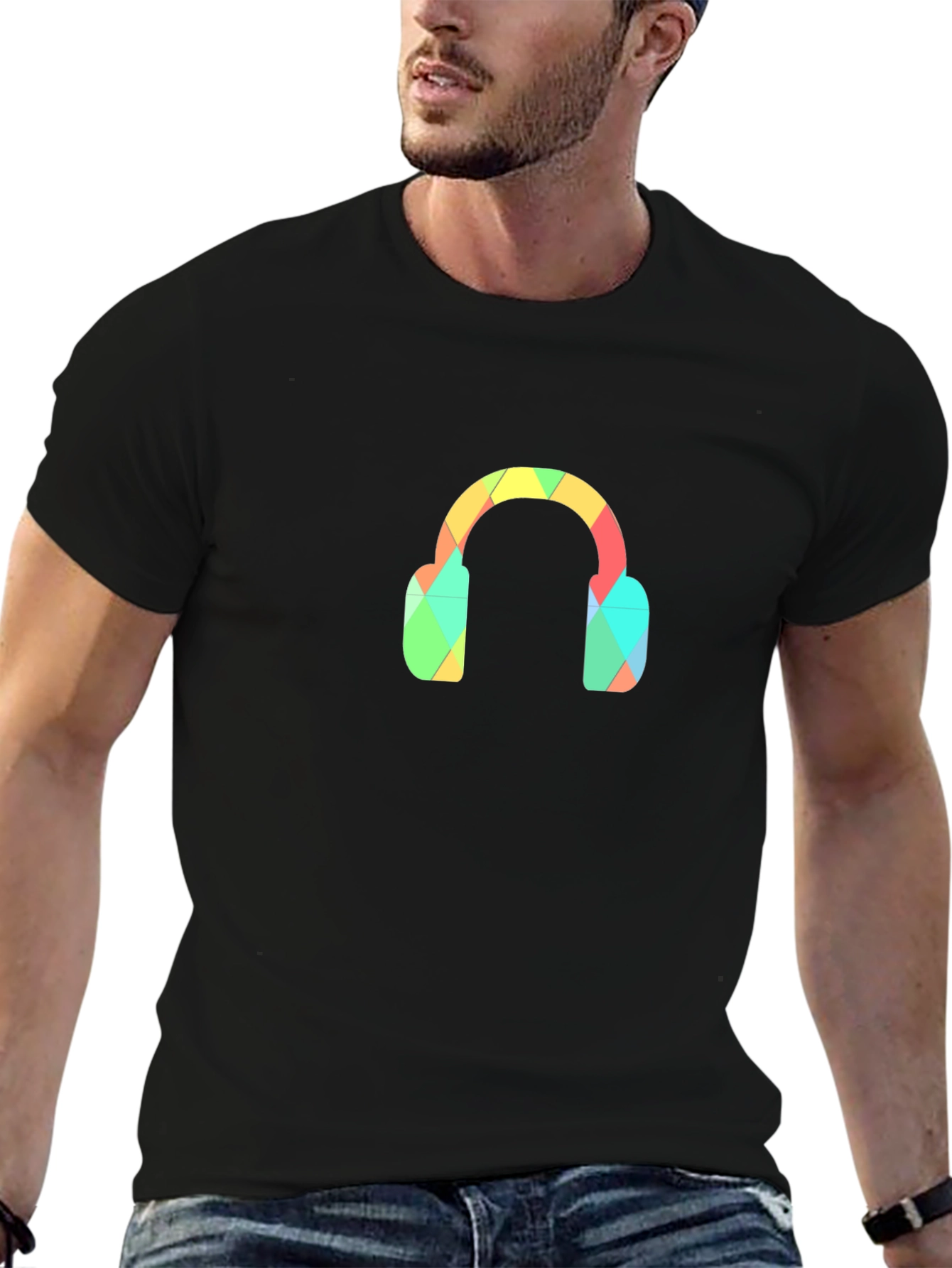 Camiseta Negra con Diseño de Audífonos Geométricos