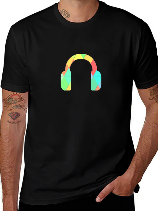 Camiseta Negra con Diseño de Audífonos Geométricos