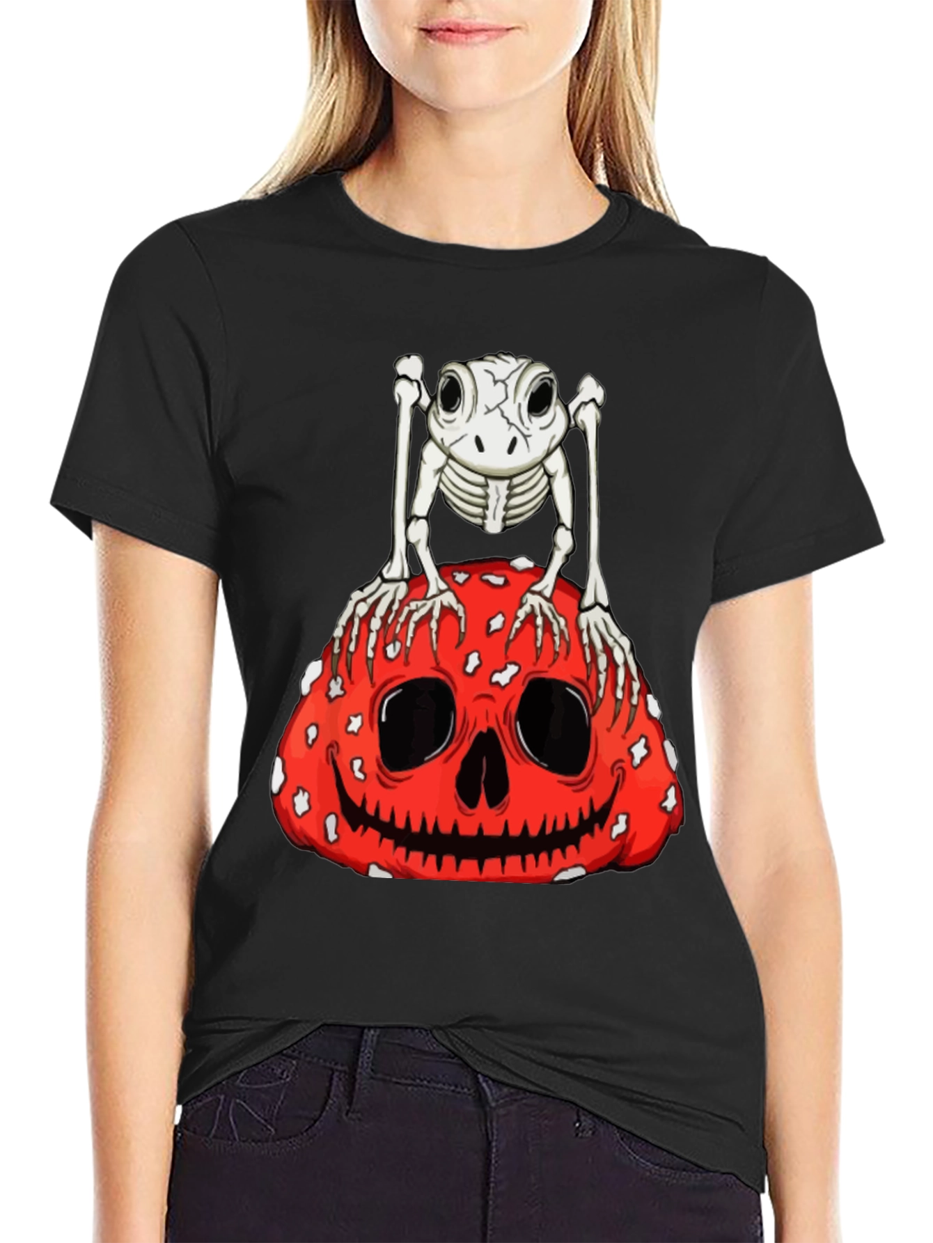 Camiseta Negra con Diseño de Rana Esqueleto y Calabaza