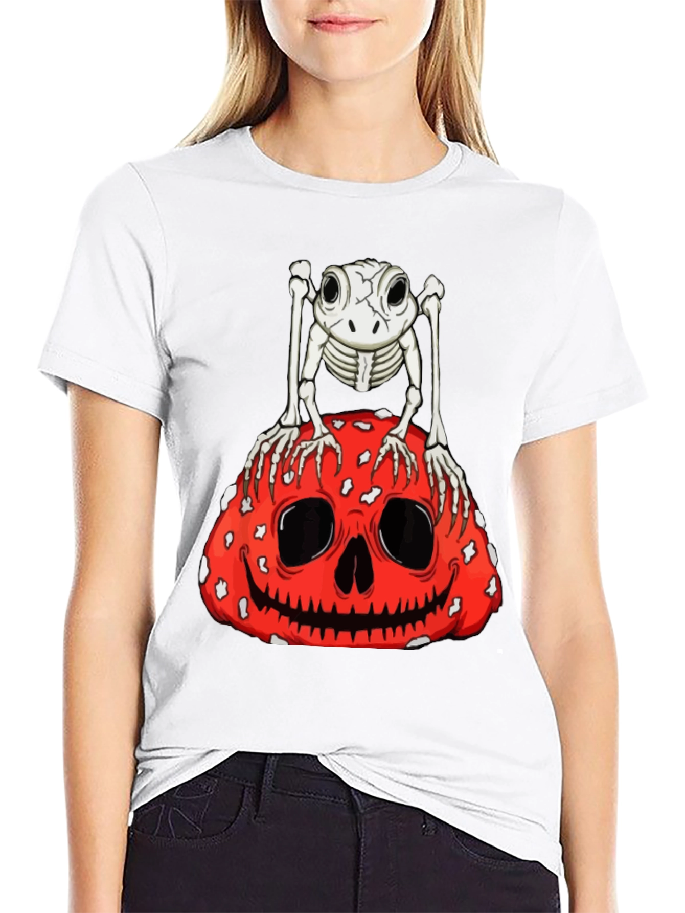 Camiseta Negra con Diseño de Rana Esqueleto y Calabaza