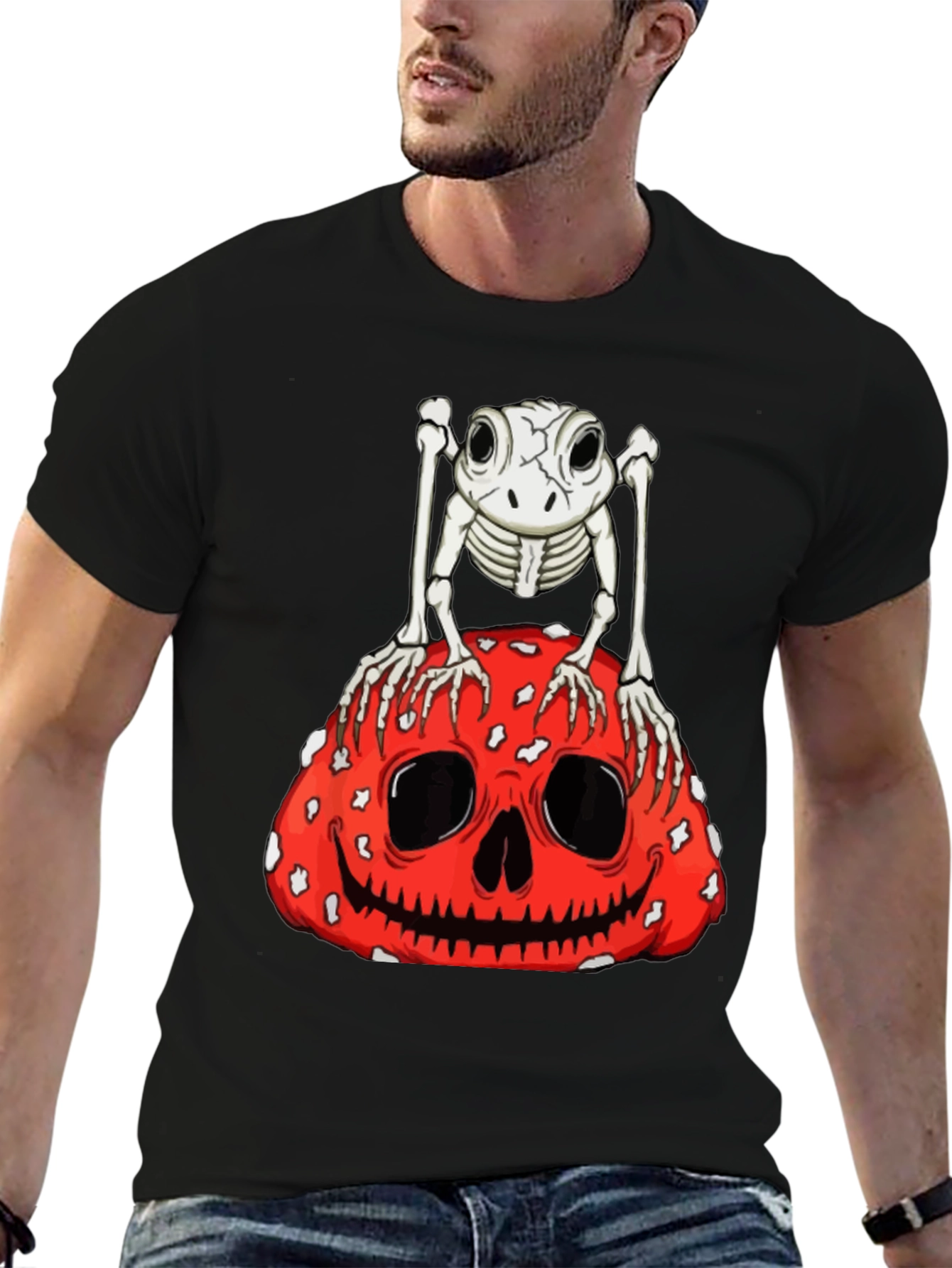 Camiseta Negra con Diseño de Rana Esqueleto y Calabaza