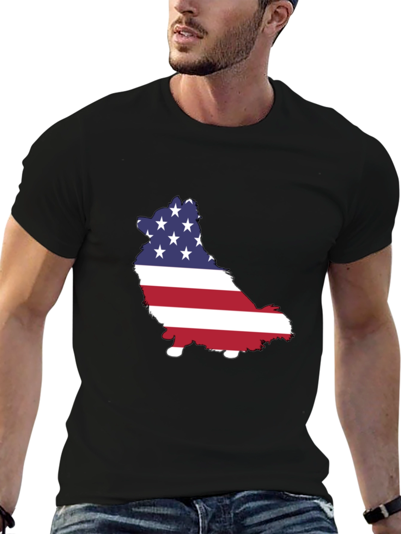 Camiseta Negra con Diseño de Perro Bandera Americana