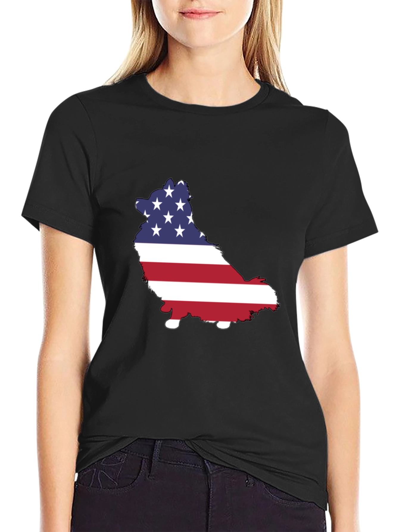 Camiseta Negra con Diseño de Perro Bandera Americana