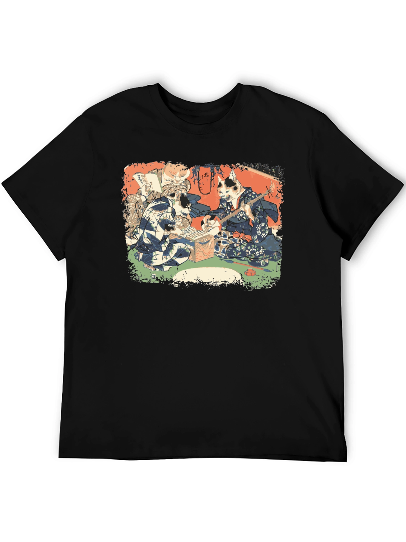 Camiseta Negra con Estampado Artístico de Gatos Japoneses