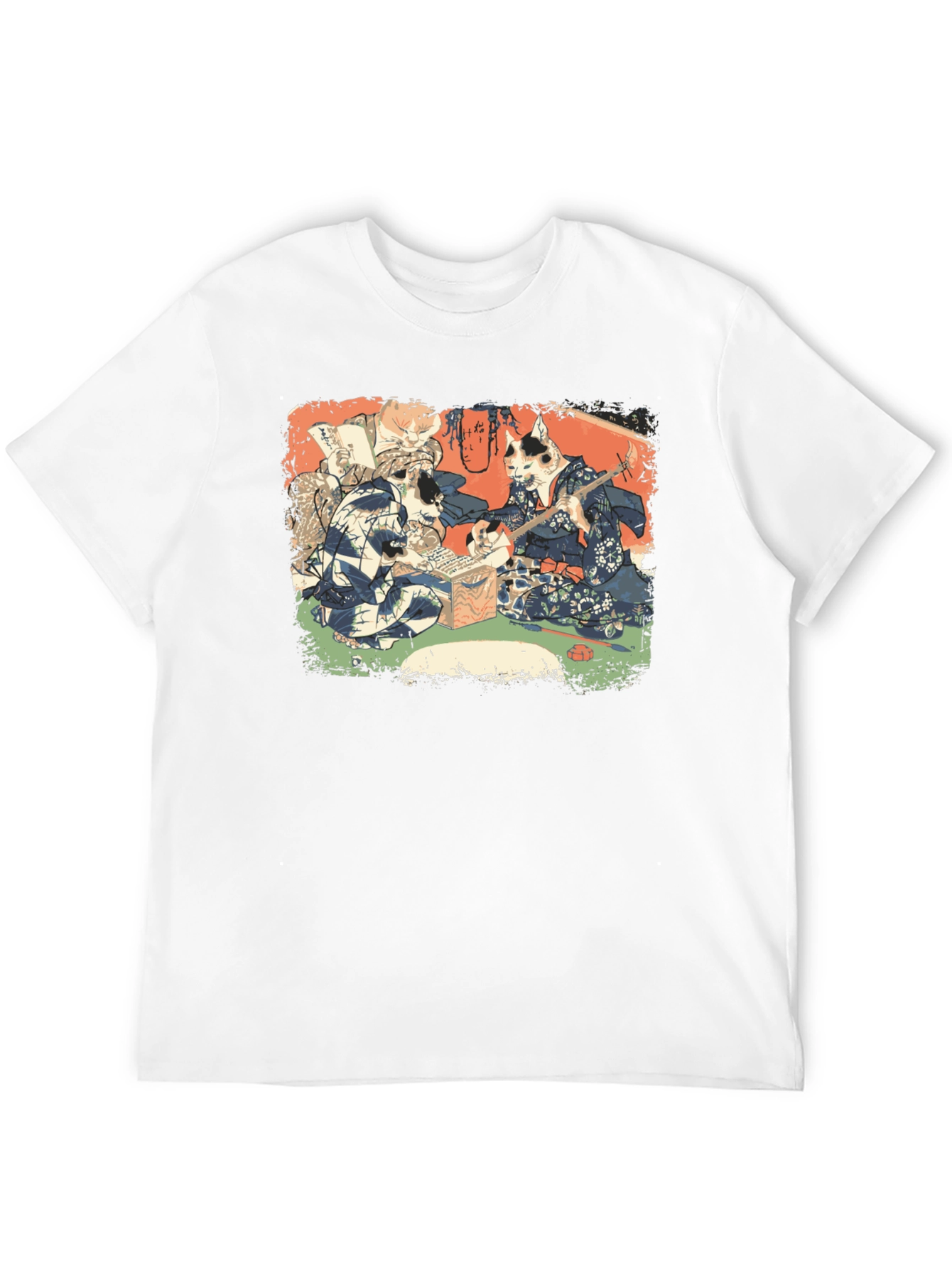 Camiseta Negra con Estampado Artístico de Gatos Japoneses